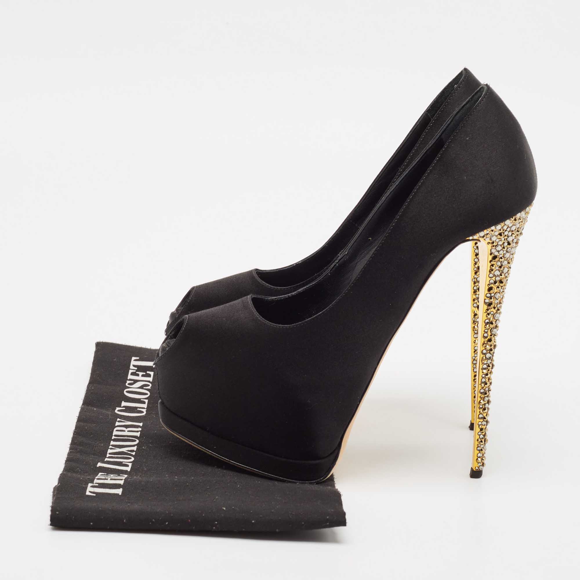 Giuseppe Zanotti Black Satin Platform Peep Toe Pumps Size 38.5 