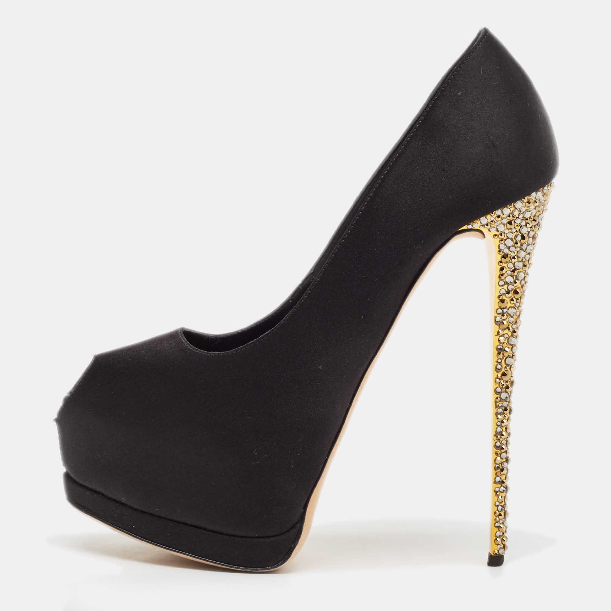 

Giuseppe Zanotti Black Satin Platform Peep Toe Pumps Size