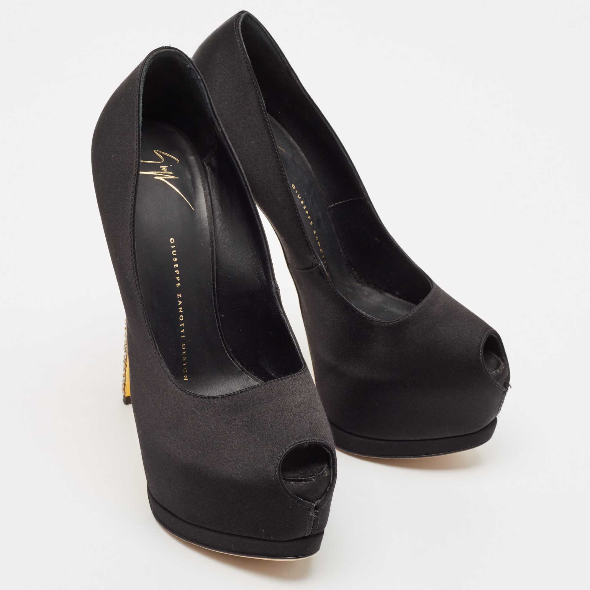 Giuseppe Zanotti Black Satin Platform Peep Toe Pumps Size 38.5 