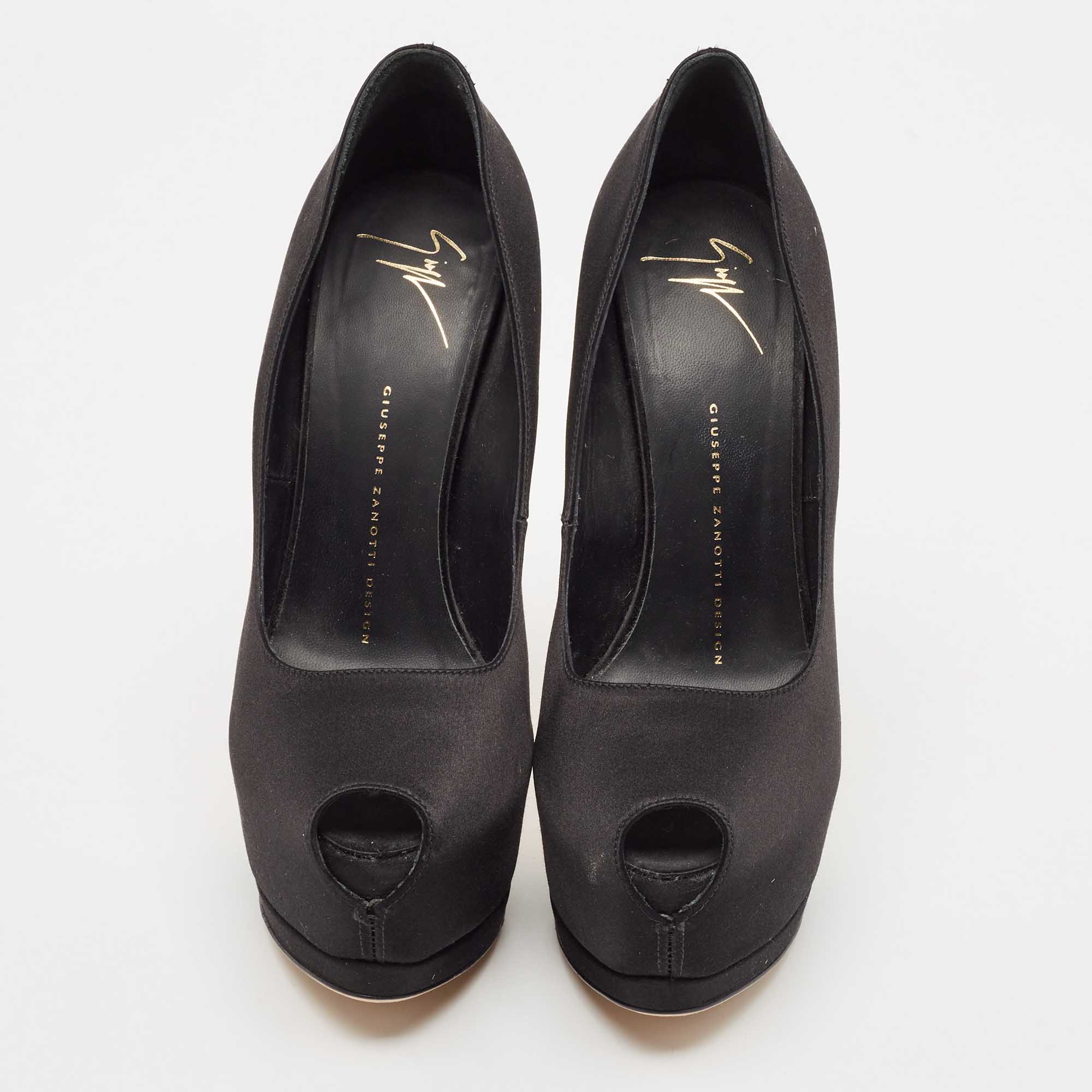Giuseppe Zanotti Black Satin Platform Peep Toe Pumps Size 38.5 