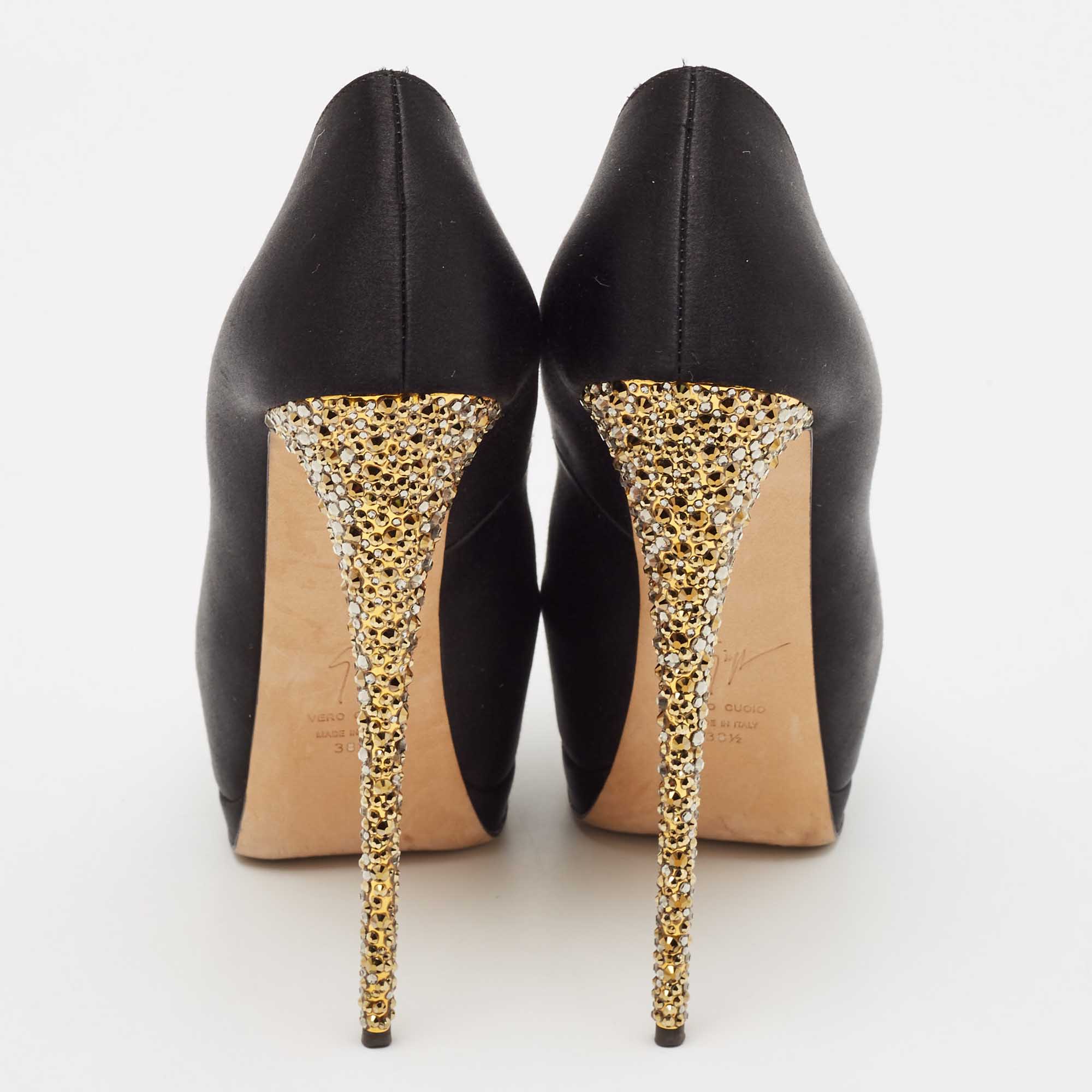 Giuseppe Zanotti Black Satin Platform Peep Toe Pumps Size 38.5 