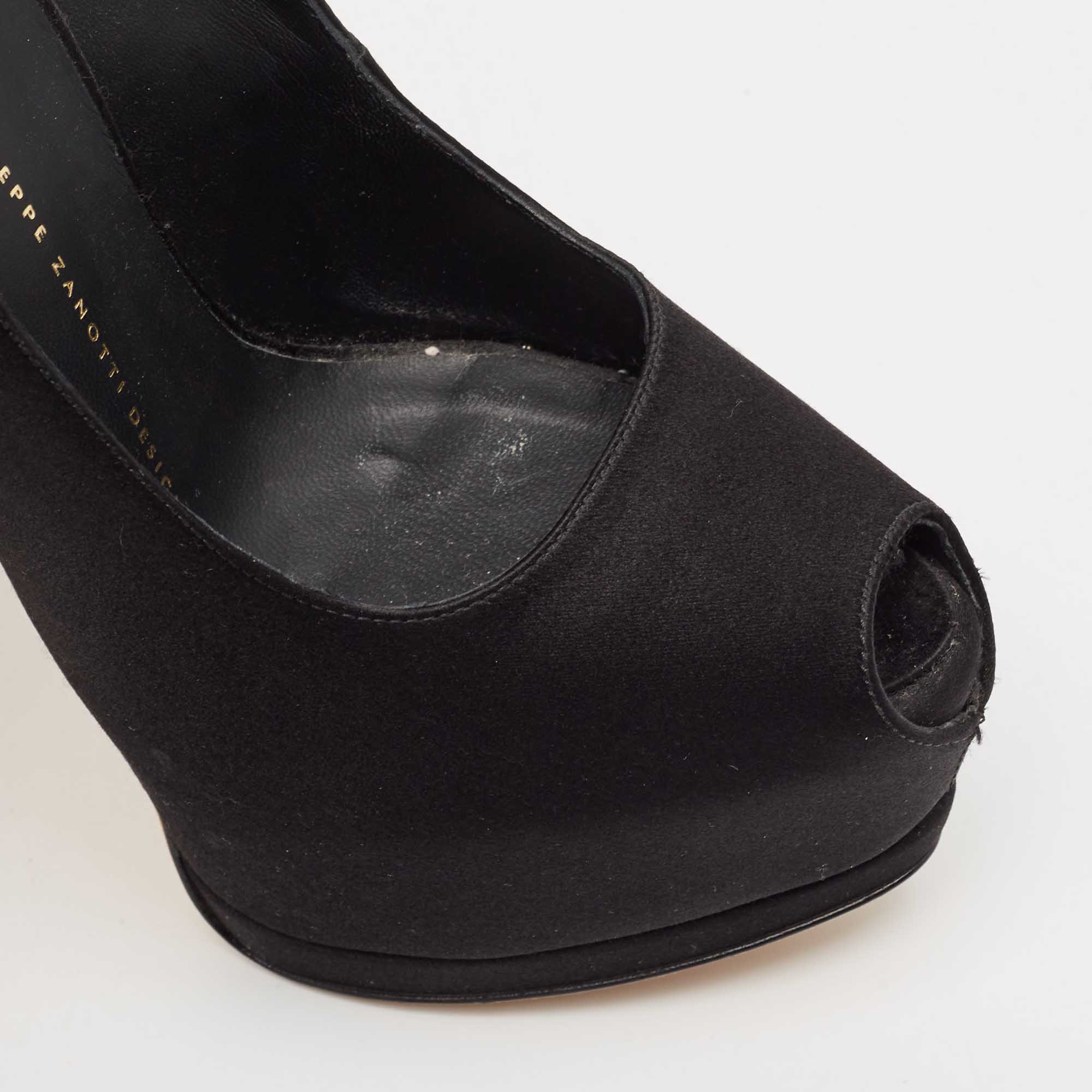 Giuseppe Zanotti Black Satin Platform Peep Toe Pumps Size 38.5 