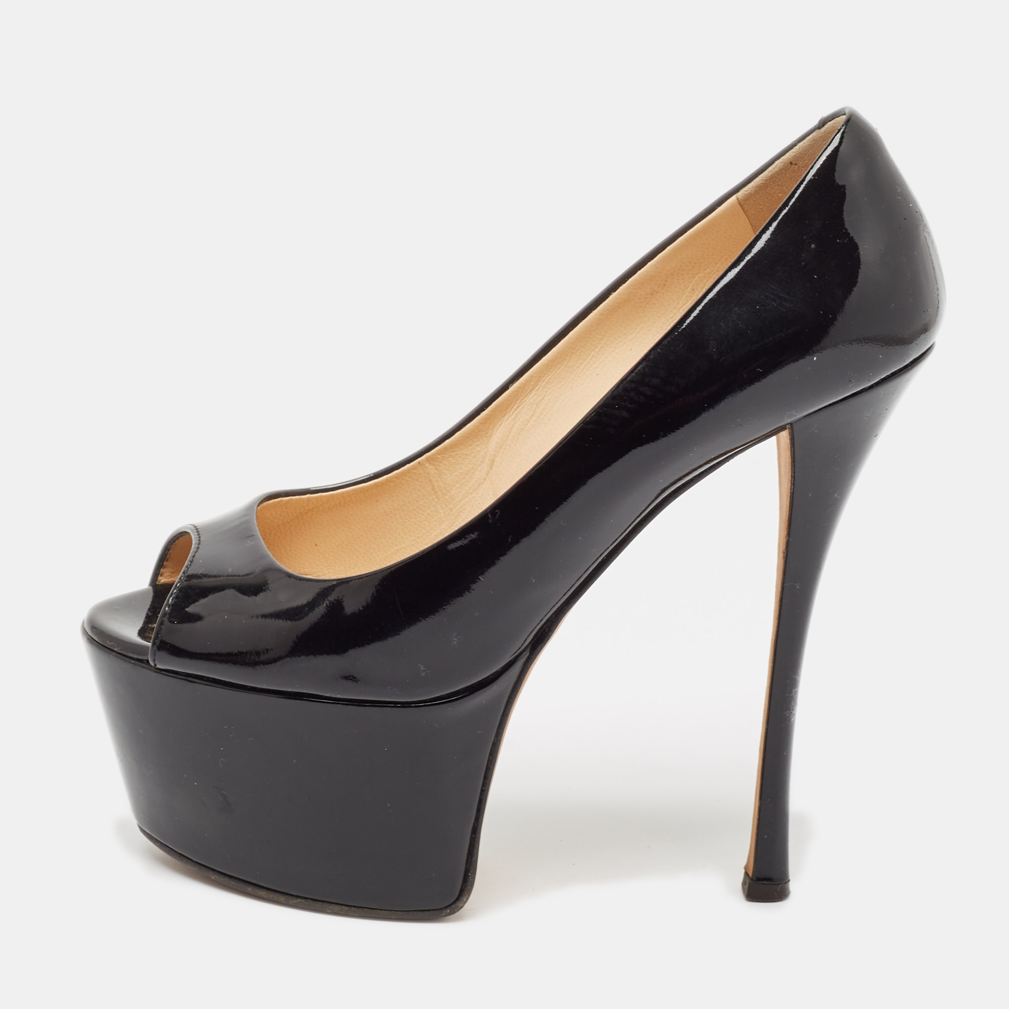 

Giuseppe Zanotti Black Patent Leather Liza Peep-Toe Platform Pumps Size