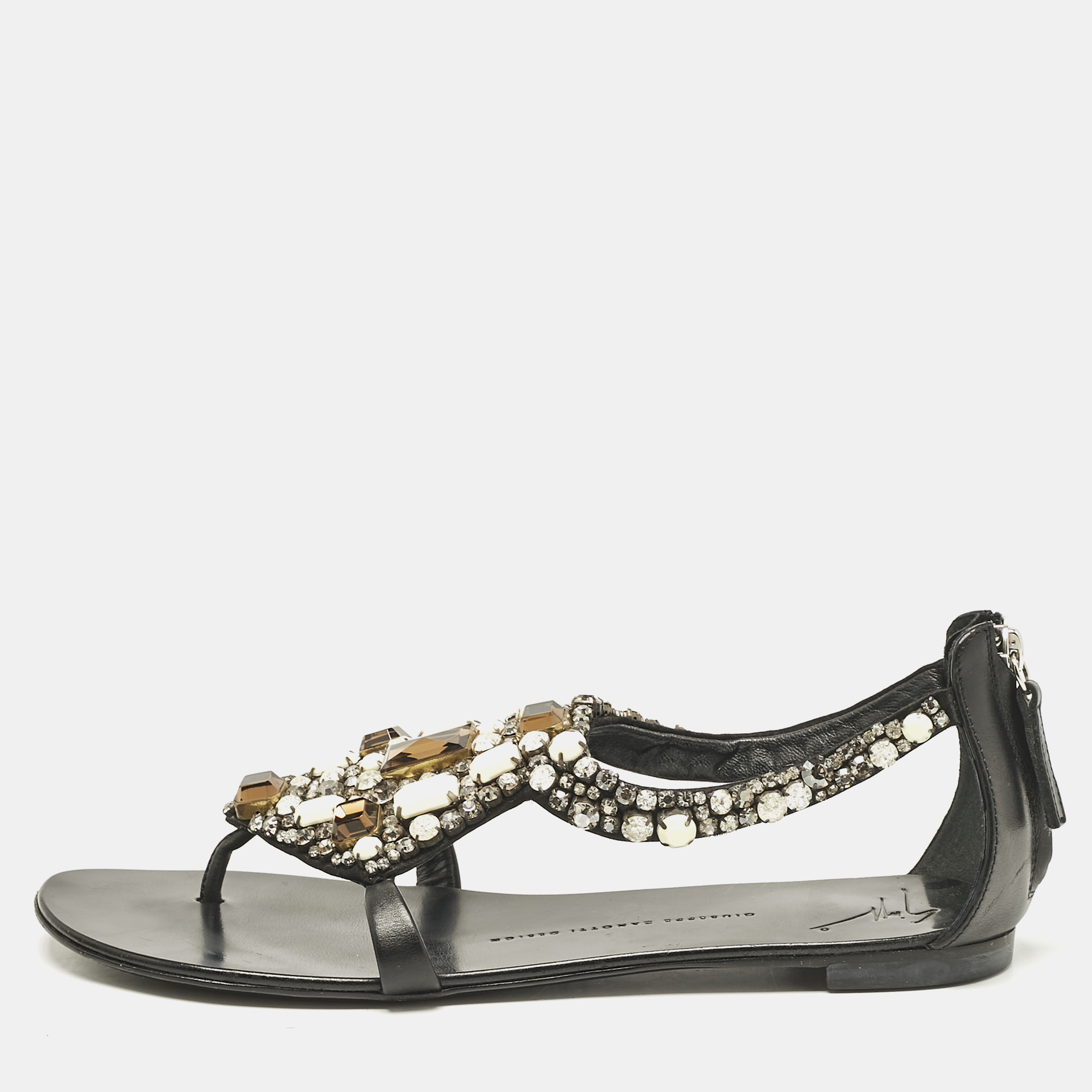 

Giuseppe Zanotti Black Leather Crystal Embellished Flat Sandals Size