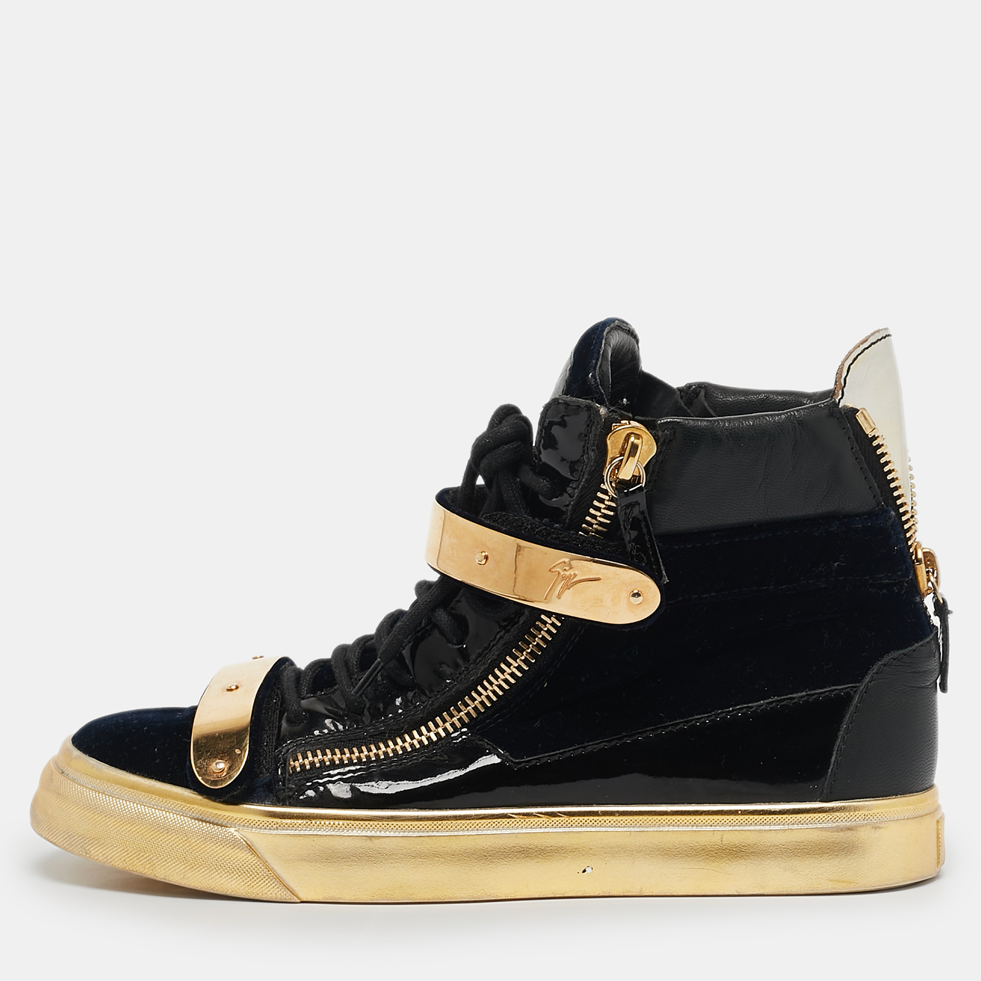 

Giuseppe Zanotti Black/Gold Velvet And Patent Leather Coby High Top Sneakers Size