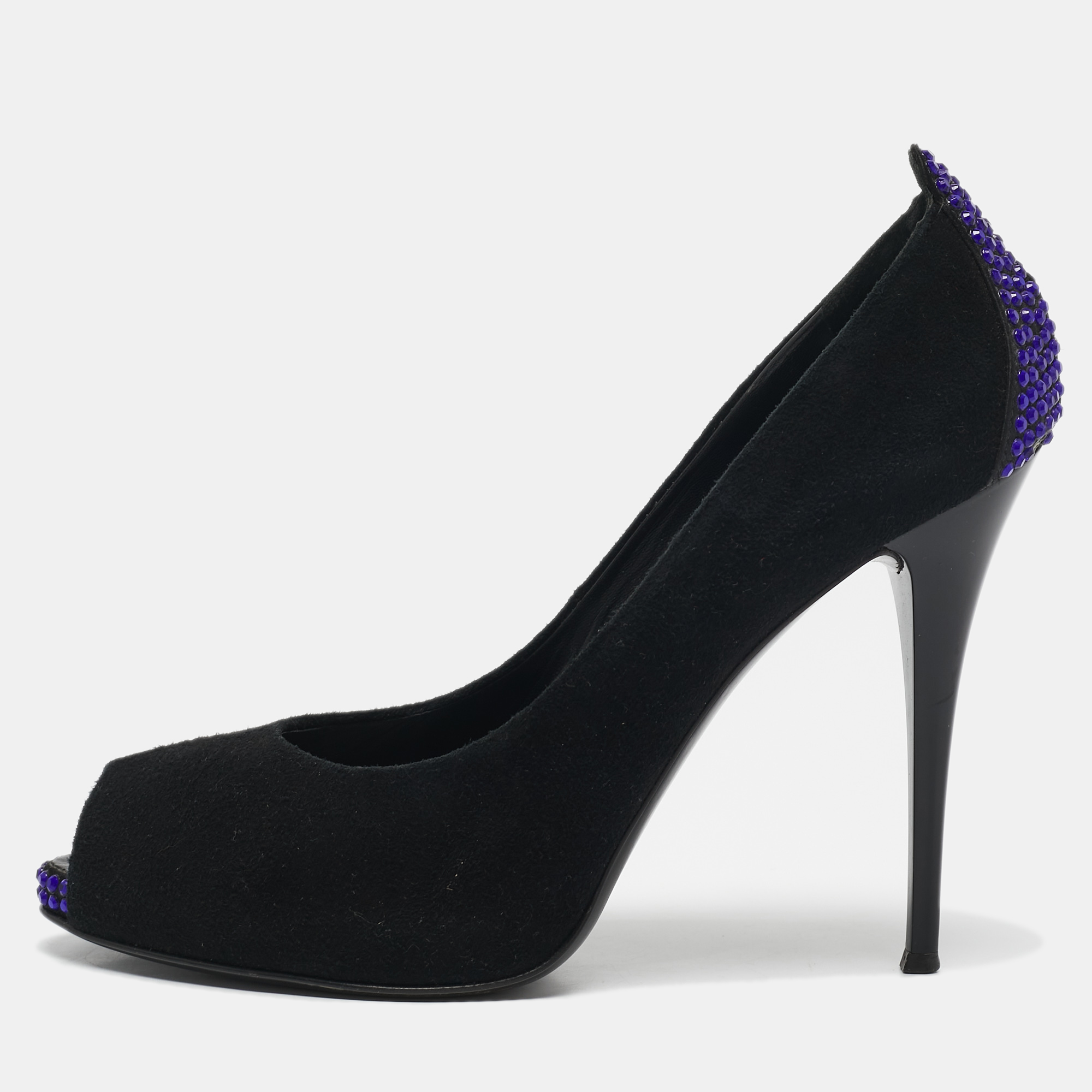 

Giuseppe Zanotti Black Suede Crystal Embellished Peep Toe Pumps Size