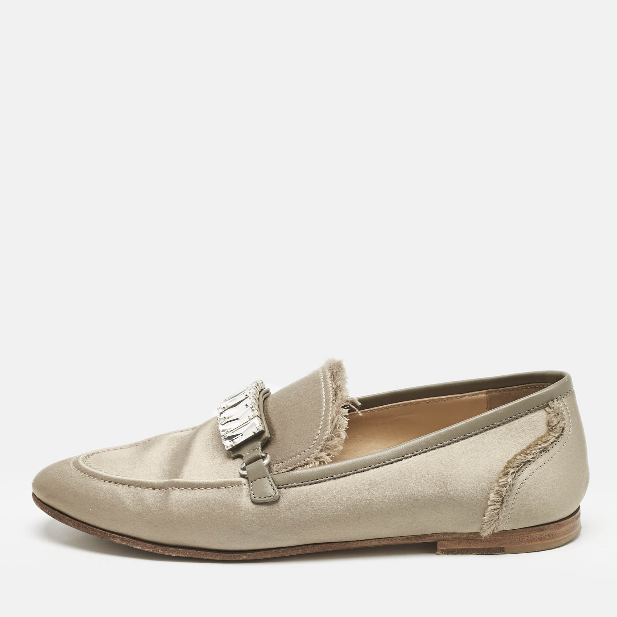 

Giuseppe Zanotti Dark Beige/Grey Satin and Leather Slip On Loafers Size