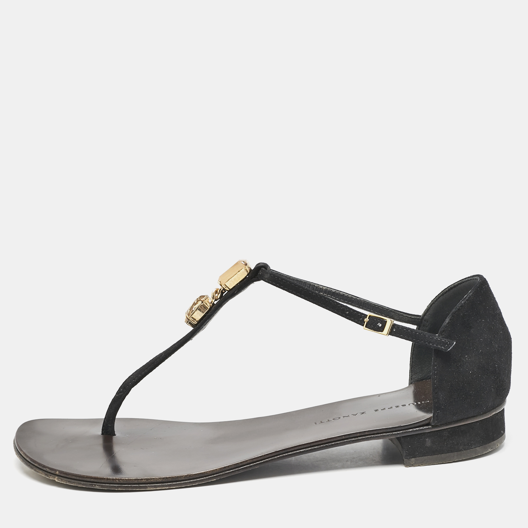 

Giuseppe Zanotti Black Leather and Suede Crystal Embellished Flat Sandals Size