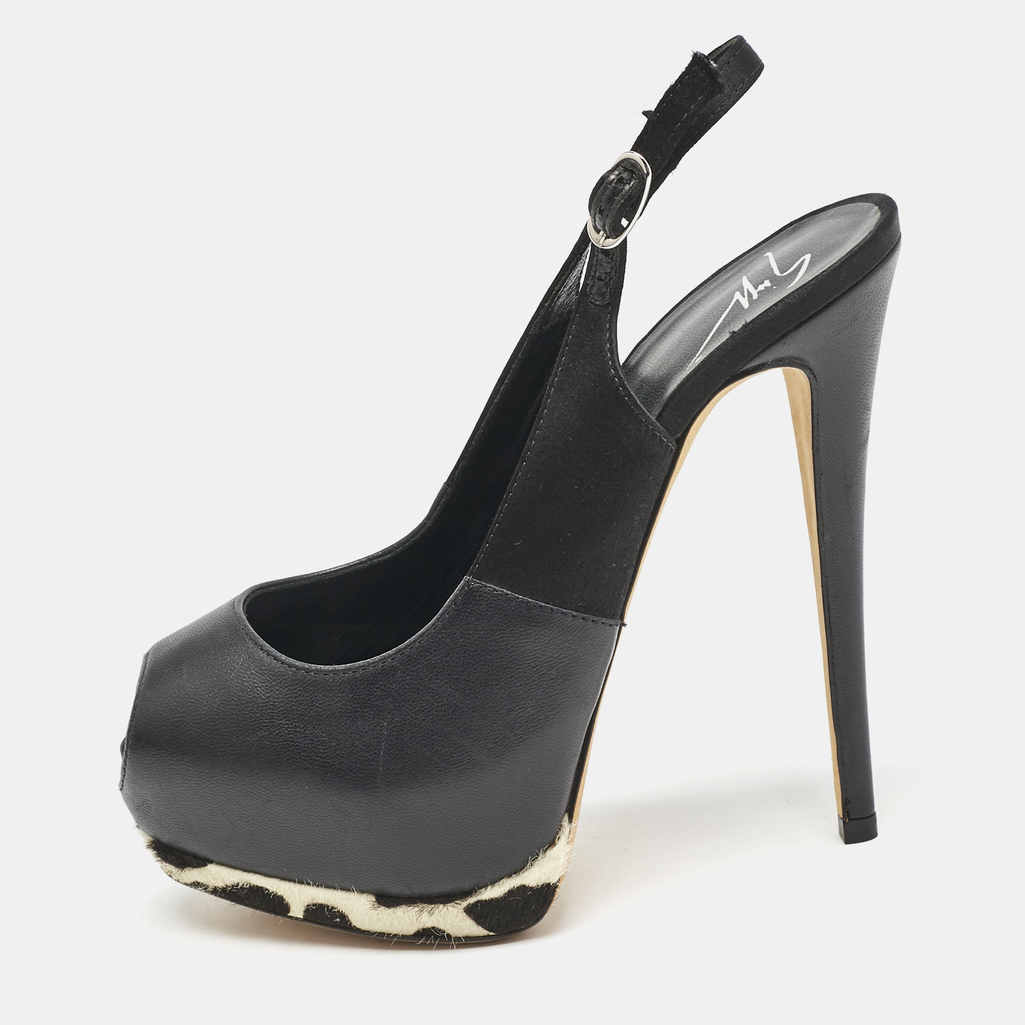 

Giuseppe Zanotti Black/White Leather Peep Toe Slingback Pumps Size