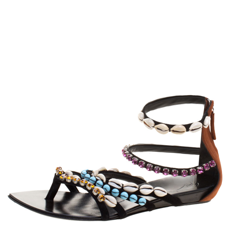 Pre Owned Giuseppe Zanotti Multicolor Crystal and Shell Embellished Flat Sandals Size 40
