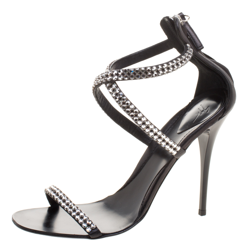 Pre Owned Giuseppe Zanotti Black Crystal Embellished Leather Cross Ankle Strap Sandals Size 37.5