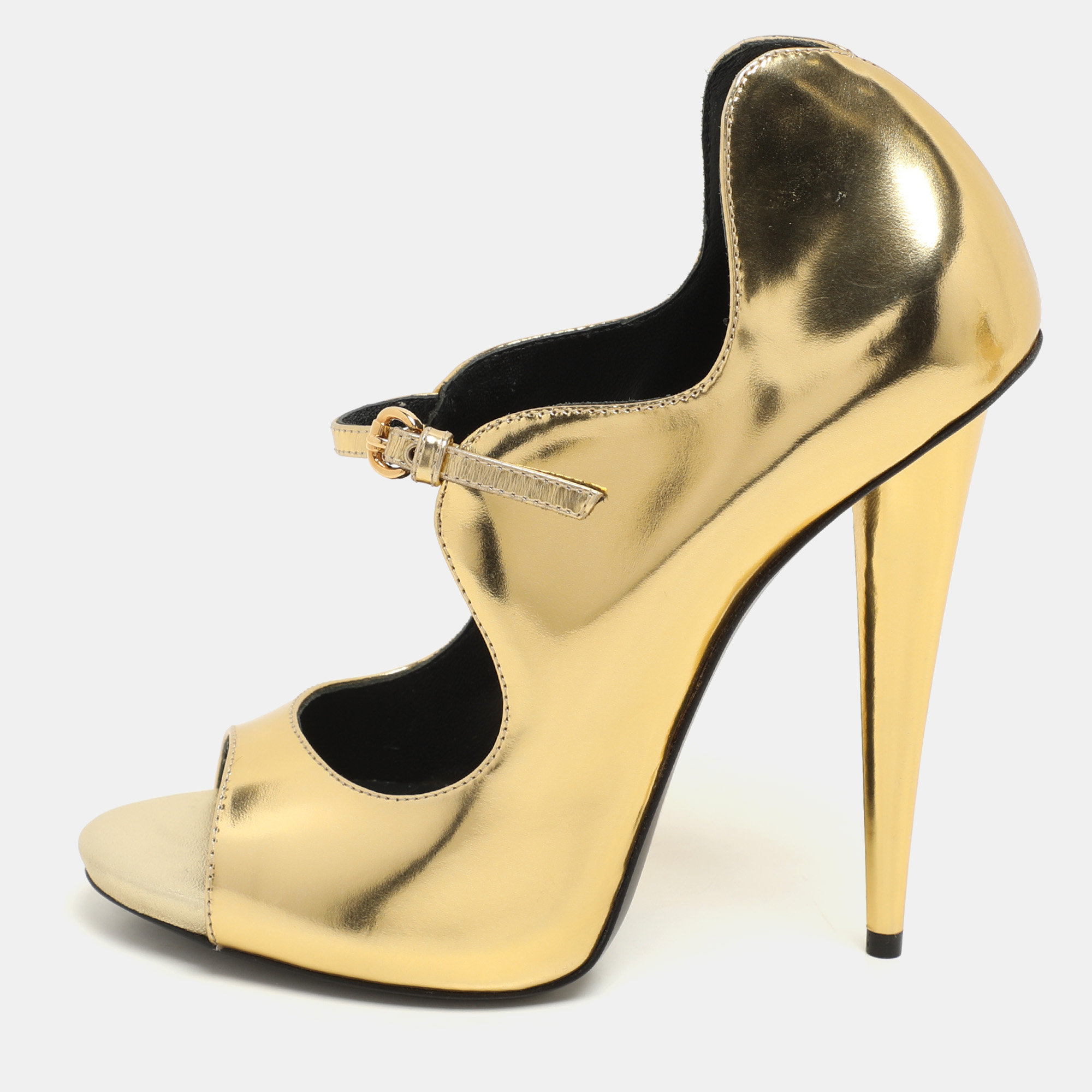 

Giuseppe Zanotti Gold Foil Leather Mary Jane Peep Toe Pumps Size 37