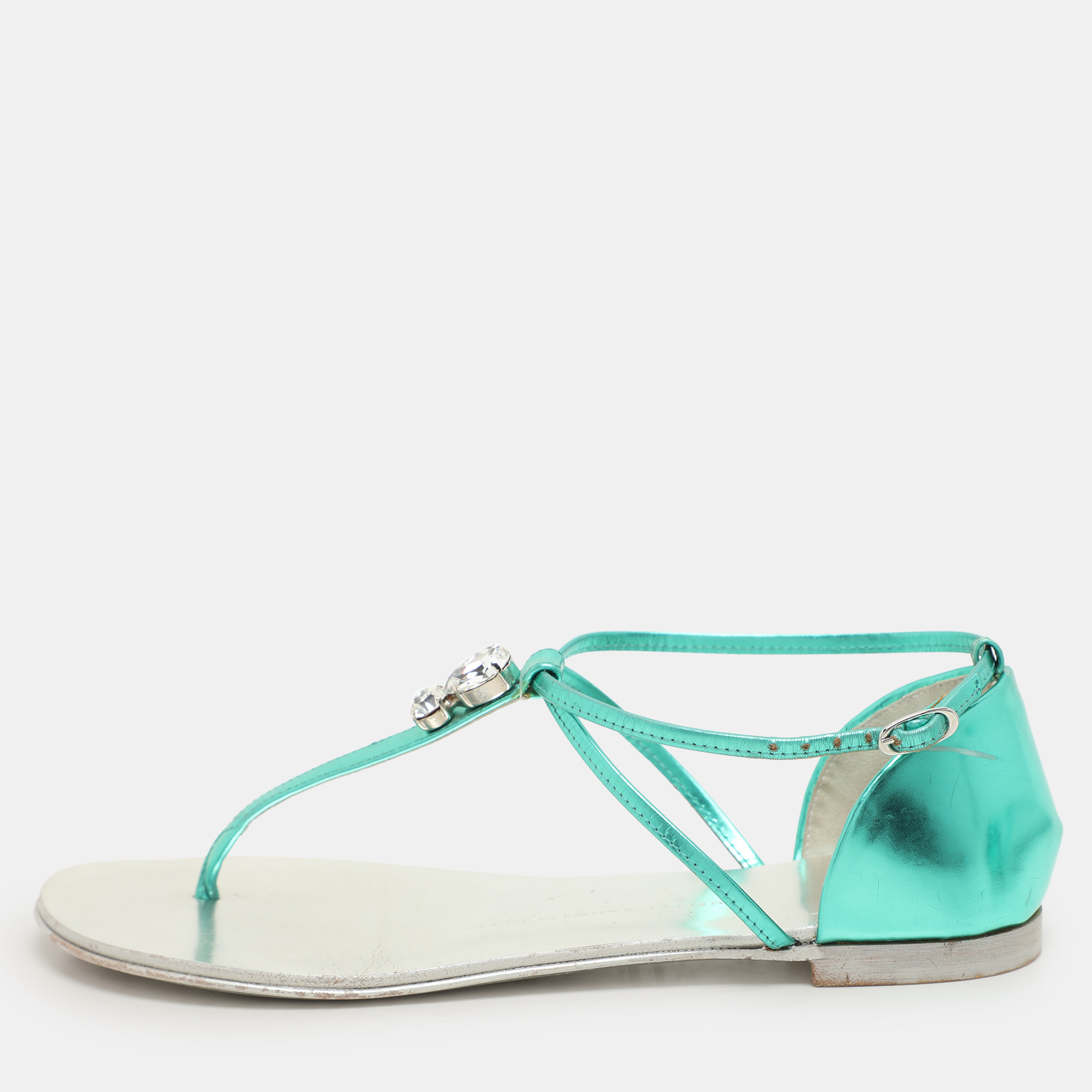 

Giuseppe Zanotti Green Leather Embellished Flat Sandals Size