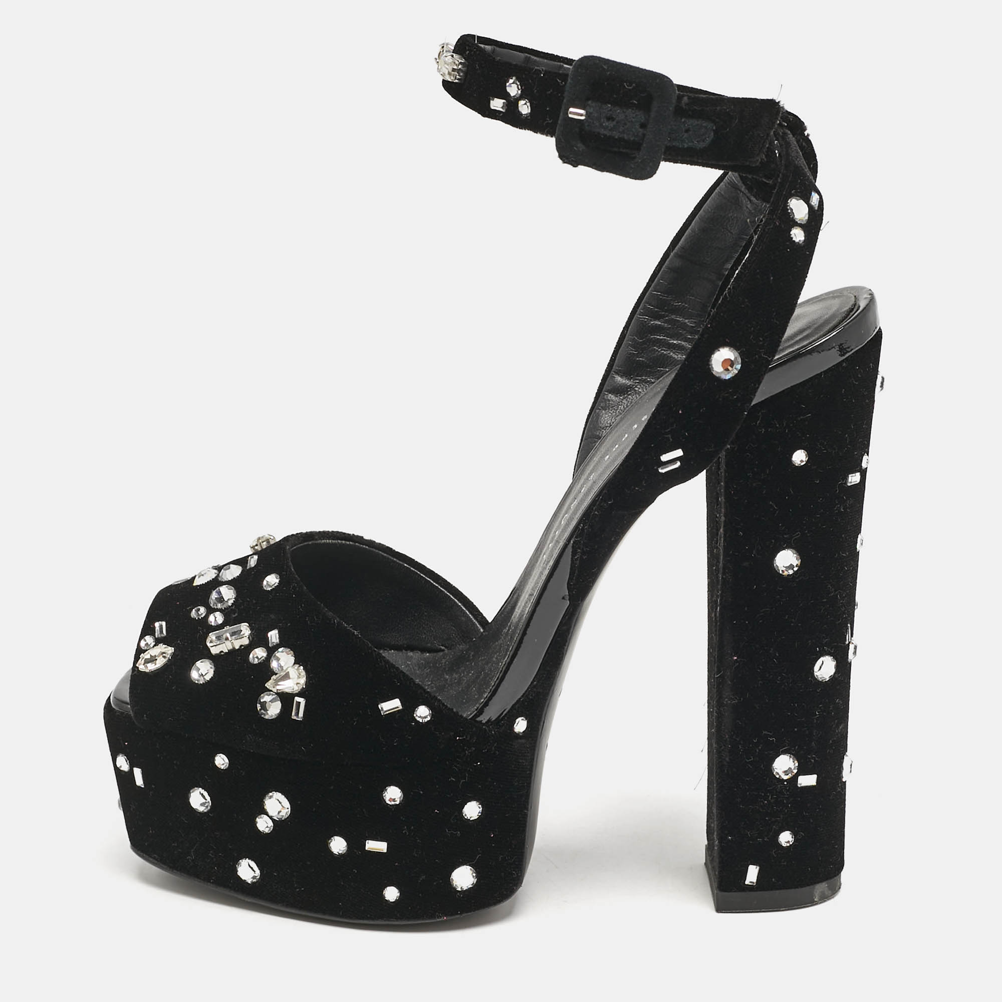 Pre-owned Giuseppe Zanotti Black Velvet Crystal Embellished Ankle Strap Platform Sandals Size 36