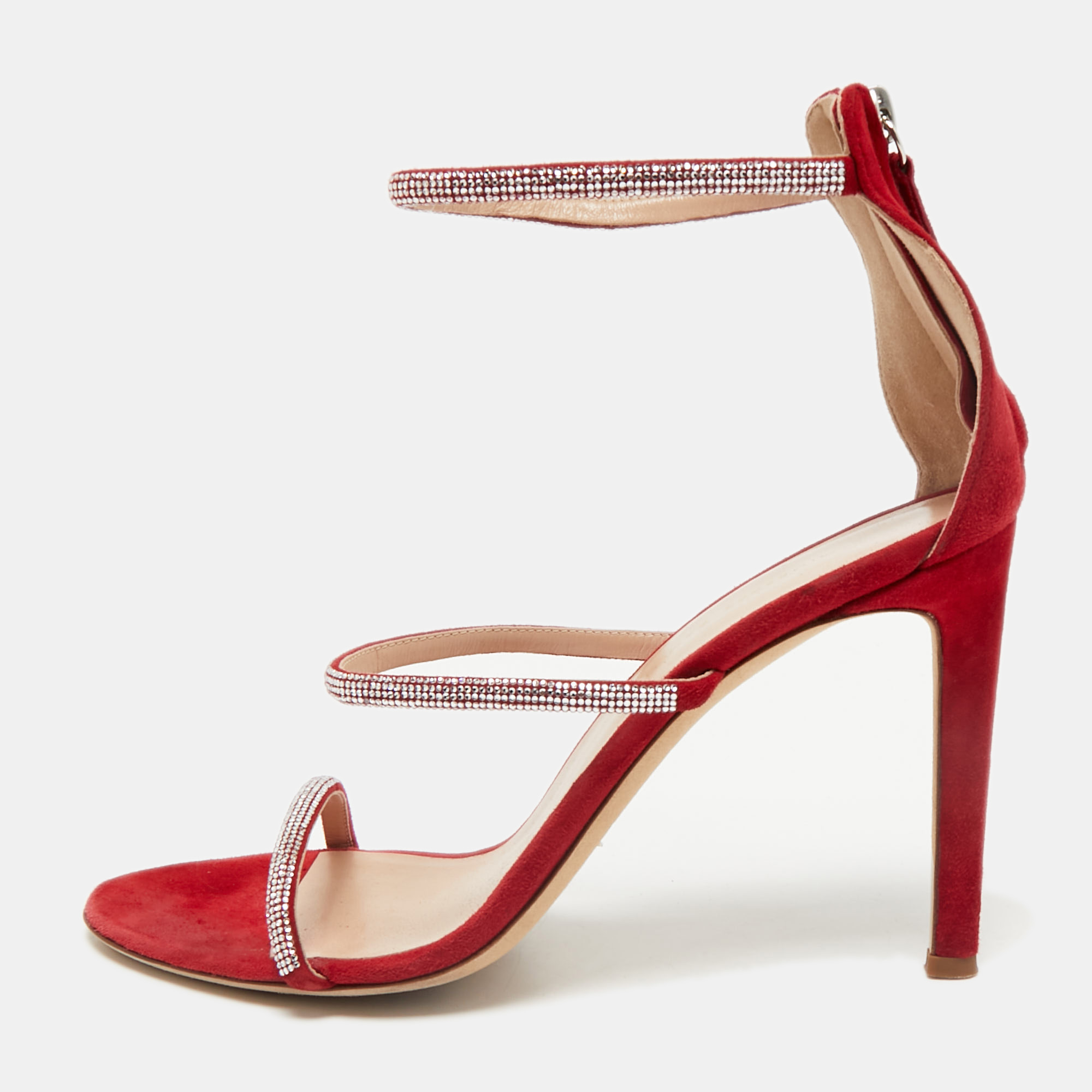 

Giuseppe Zanotti Red Crystal Embellished Suede Strappy Sandals Size