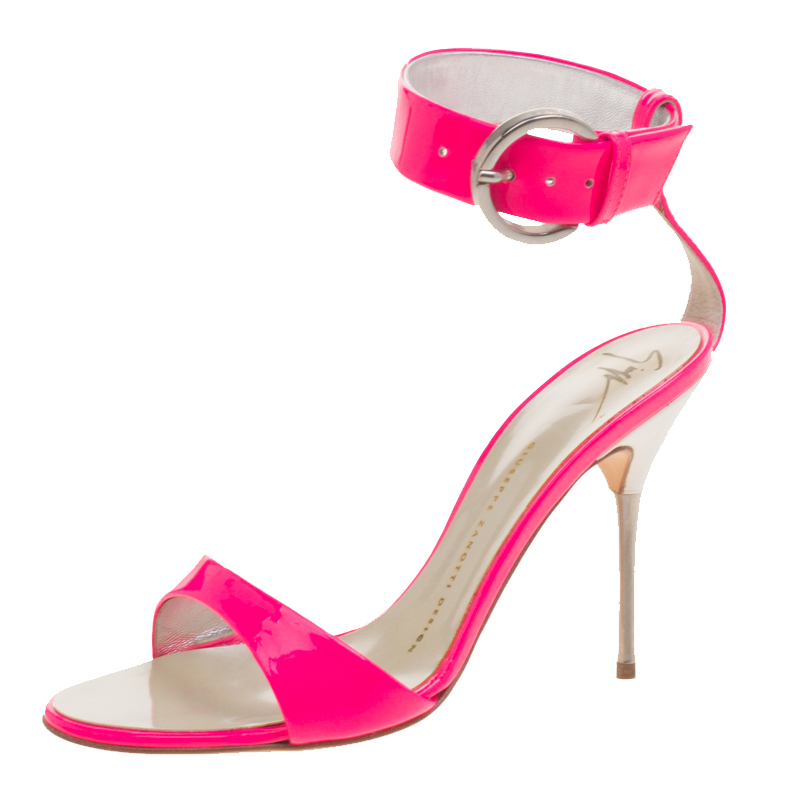 مملوكة مسبقًا Giuseppe Zanotti Fluorescent Pink Patent Leather Ankle Cuff Sandals Size 36