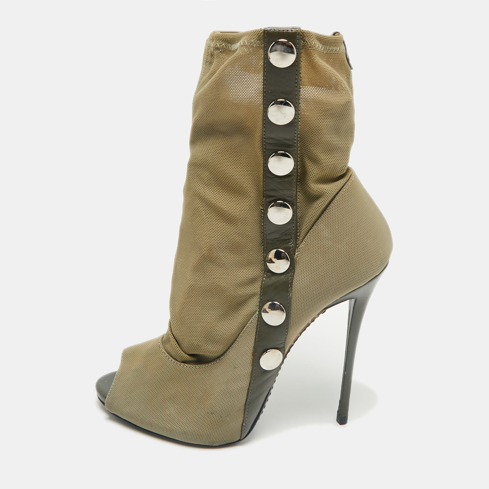 

Giuseppe Zanotti Army Green Canvas and Mesh Peep Toe Booties Size