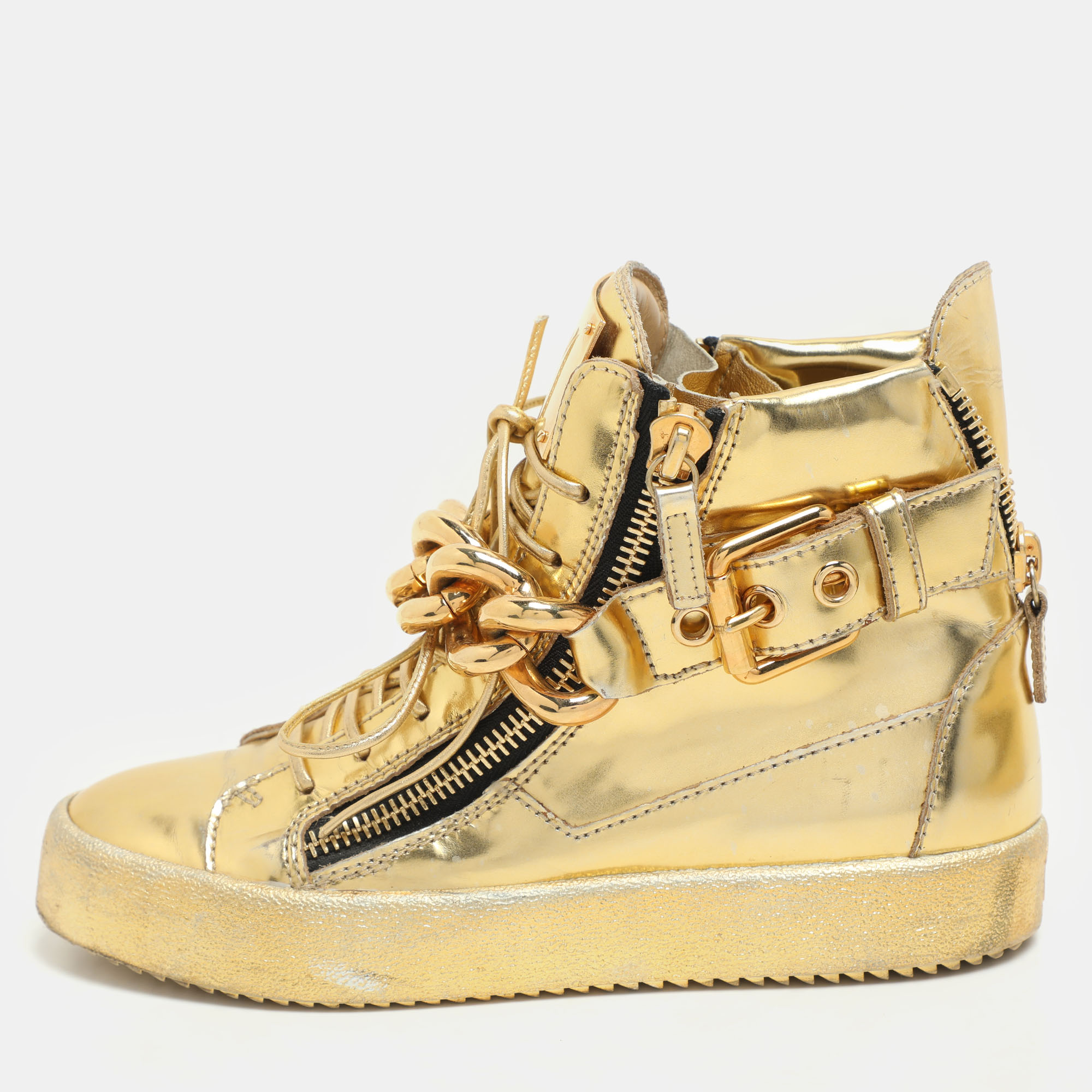 

Giuseppe Zanotti Gold Leather Chain High Top Sneakers Size