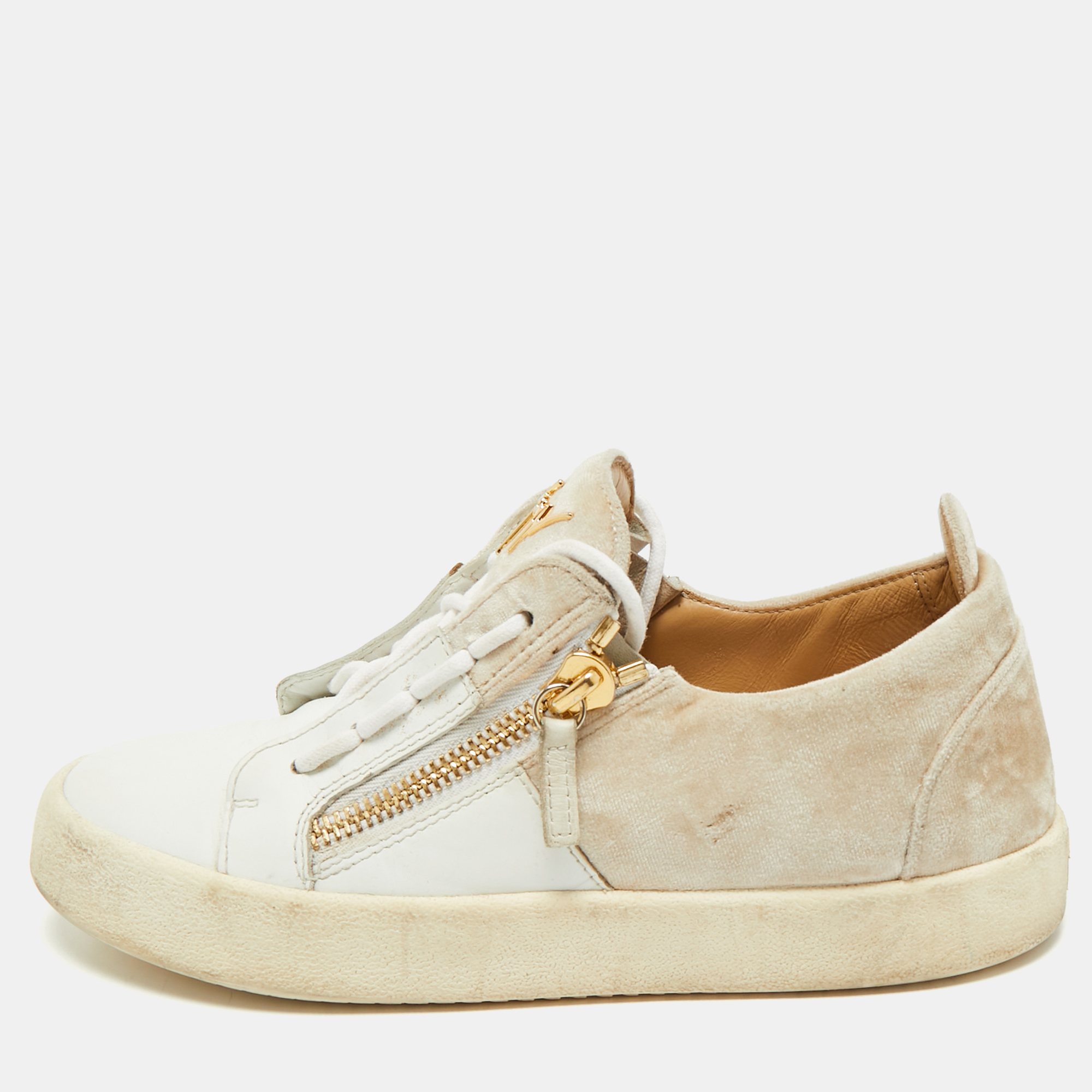 

Giuseppe Zanotti White/Beige Leather and Velvet Frankie Sneakers Size