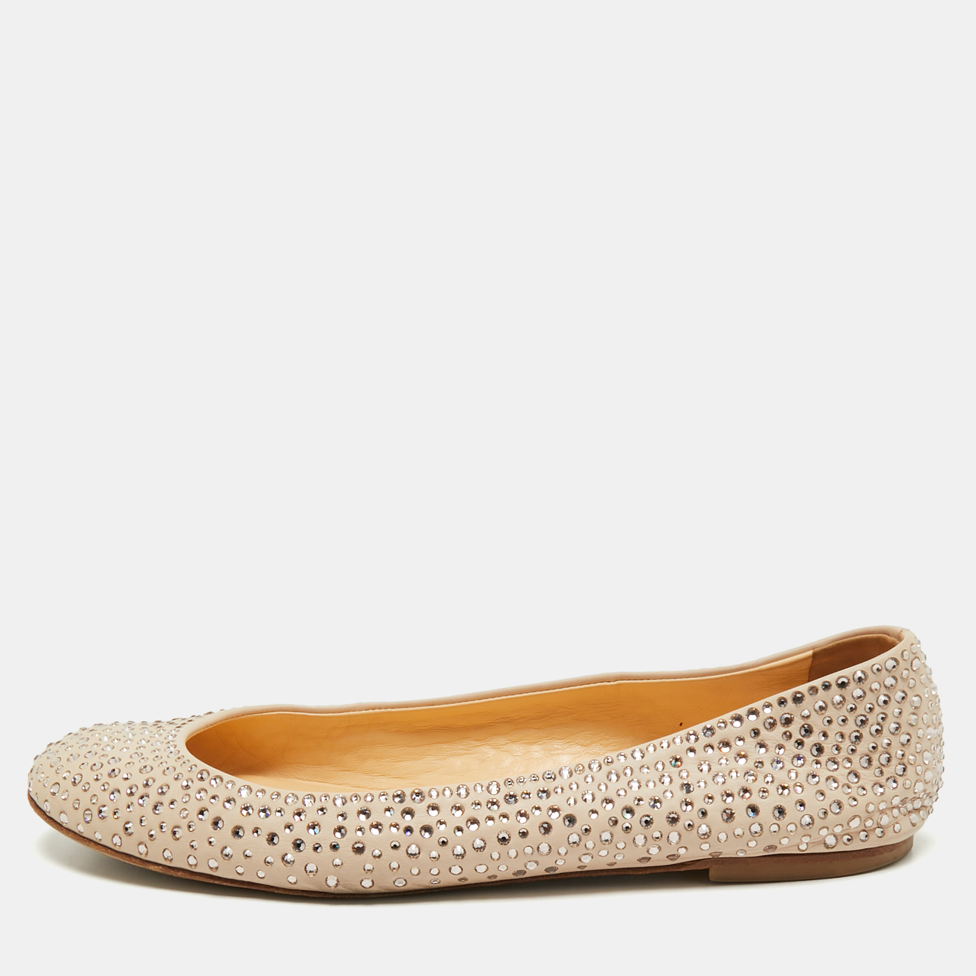 

Giuseppe Zanotti Beige Leather Crystal Embellished Ballet Flats Size