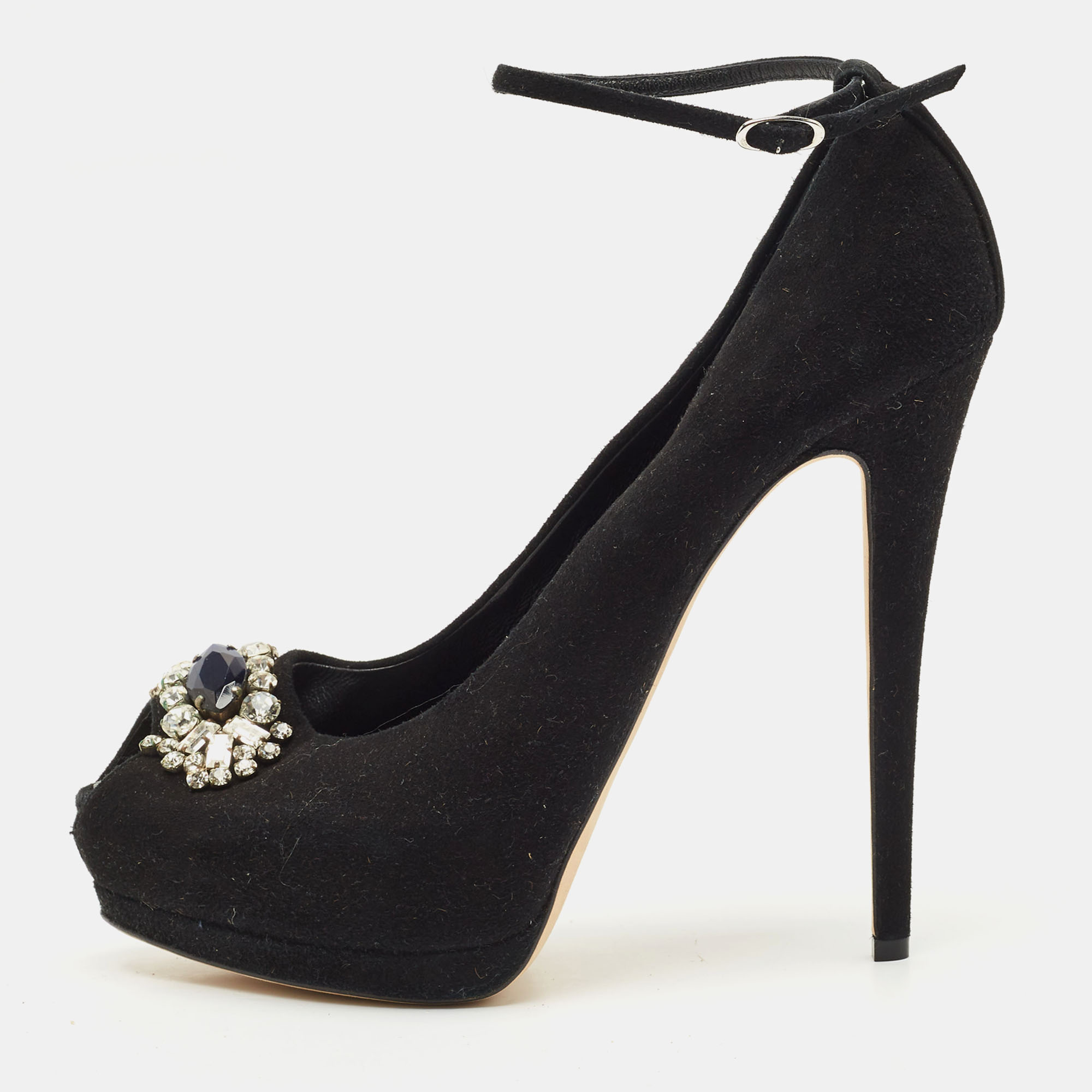 Pre-owned Giuseppe Zanotti Black Suede Crystal Embellished Ankle Strap Peep Toe Platform Pumps Size 39.5