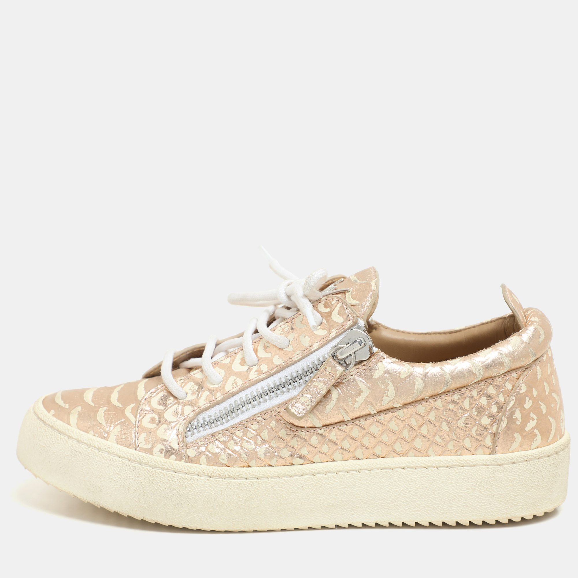 

Giuseppe Zanotti Metallic Rose Gold Leather Double Zip Low Top Sneakers Size