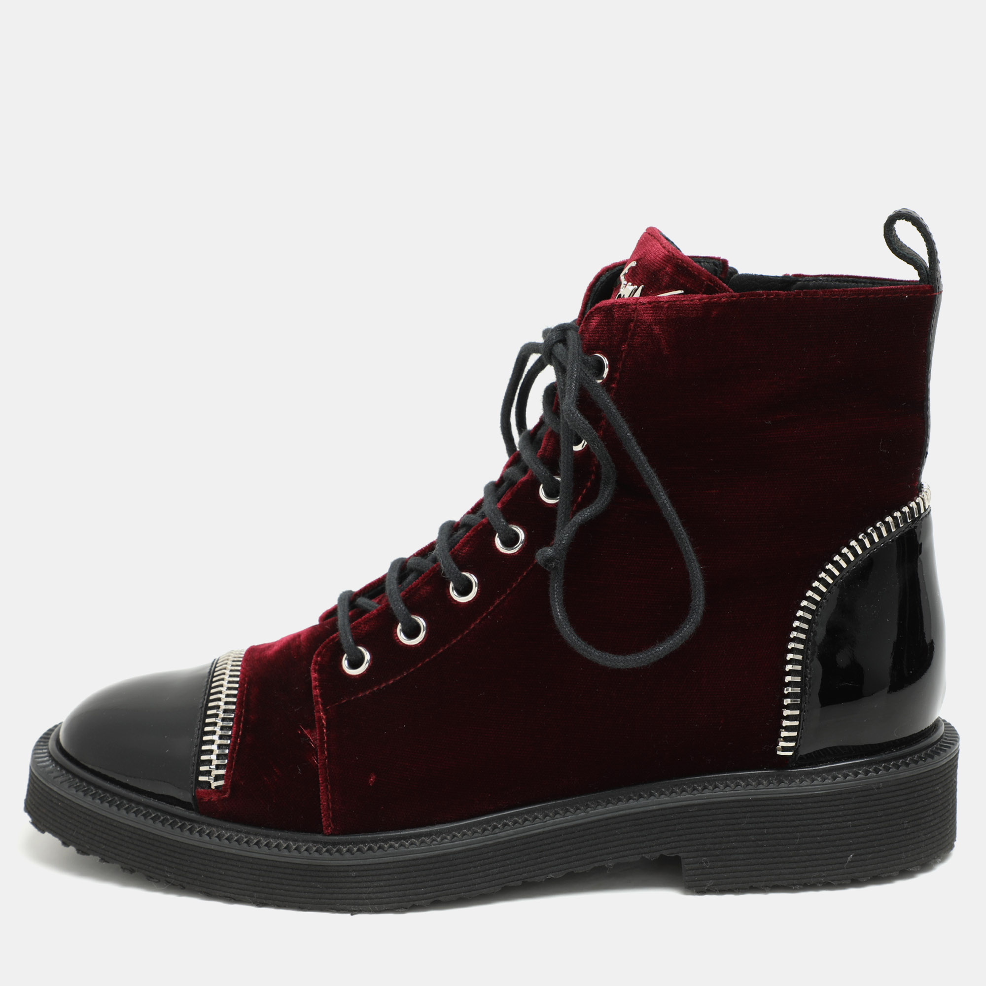 Pre-owned Giuseppe Zanotti Burgundy/black Velvet And Patent Leather Ankle Boots Size 39.5