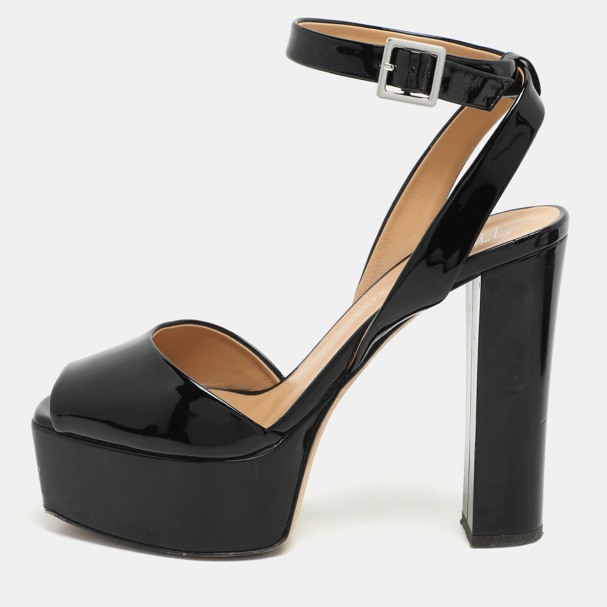 Pre-owned Giuseppe Zanotti Black Patent Leather Betty Platform Ankle Strap Sandals Size 38