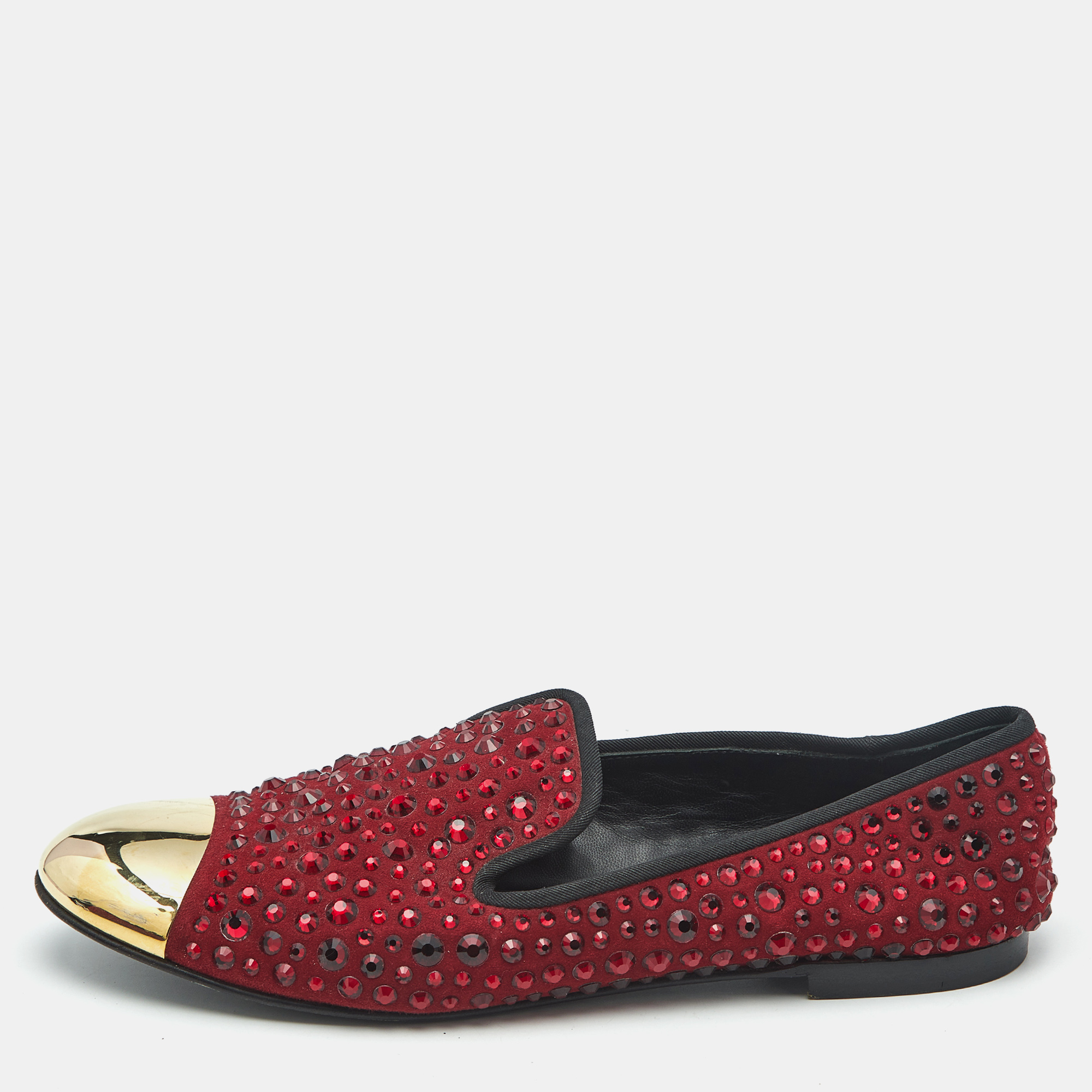 

Giuseppe Zanotti Burgundy Suede Cap Toe Crystals Embellished Smoking Slippers Size, Red