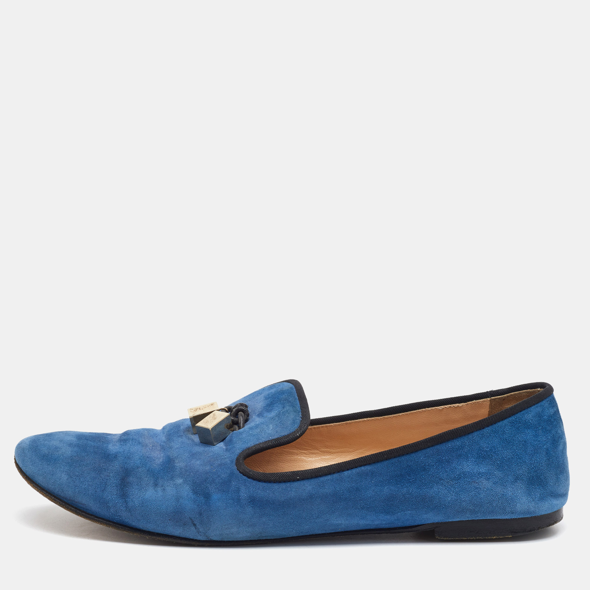 

Giuseppe Zanotti Blue Suede Charm Smoking Slippers Size