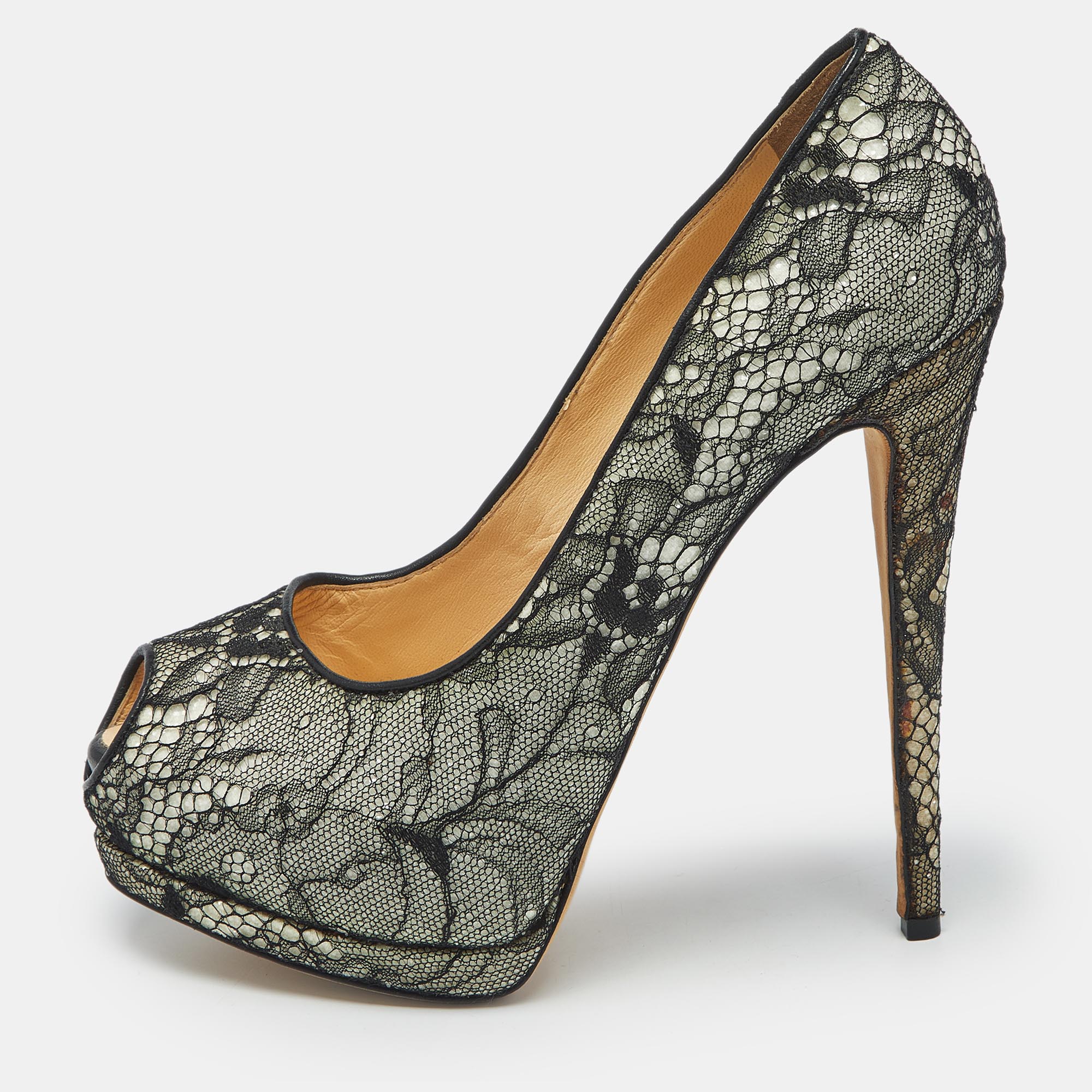 Pre-owned Giuseppe Zanotti Black/white Floral Lace Peep Toe Platform Pumps Size 41