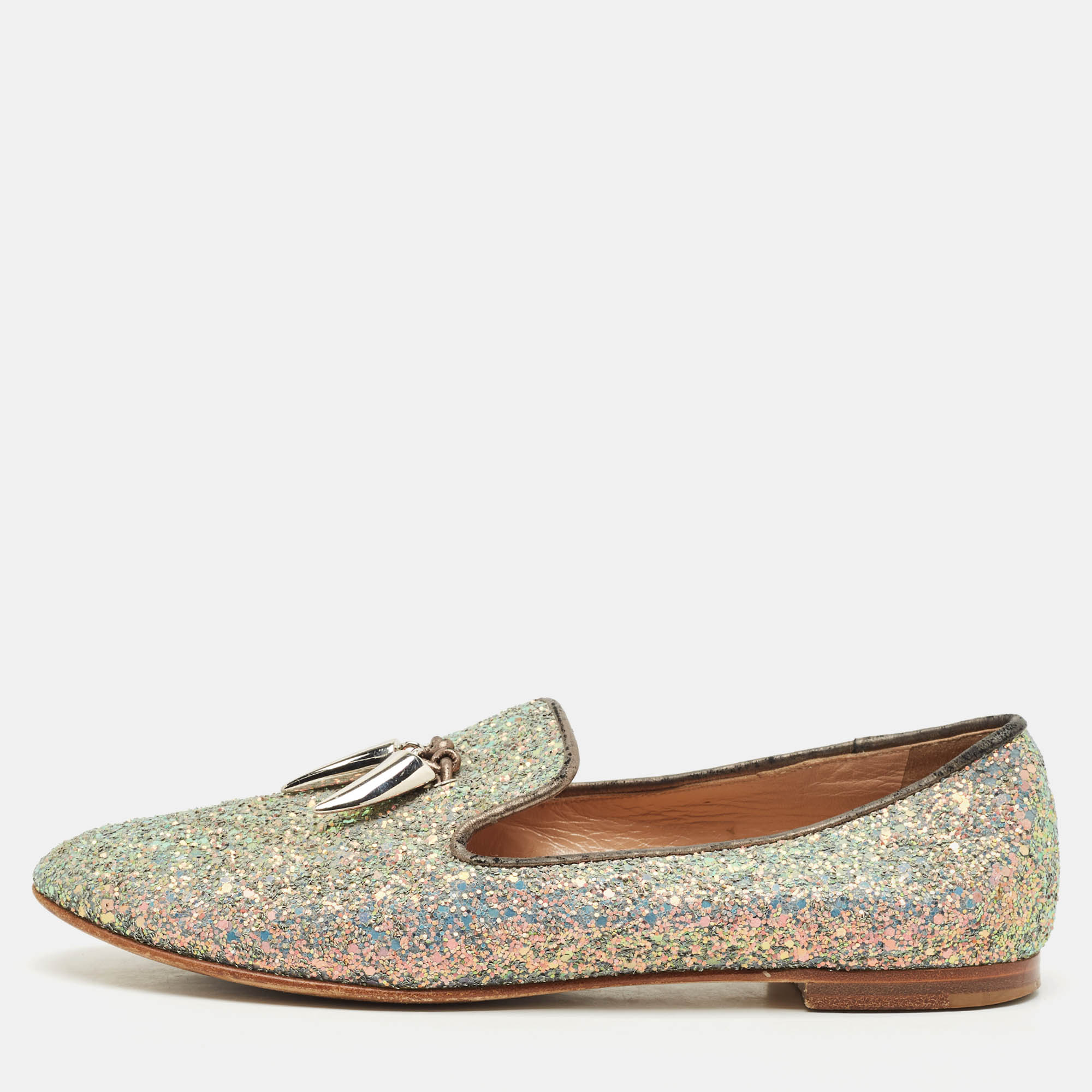 

Giuseppe Zanotti Multicolor Glitter and Suede Shark Tooth Smoking Slippers Size