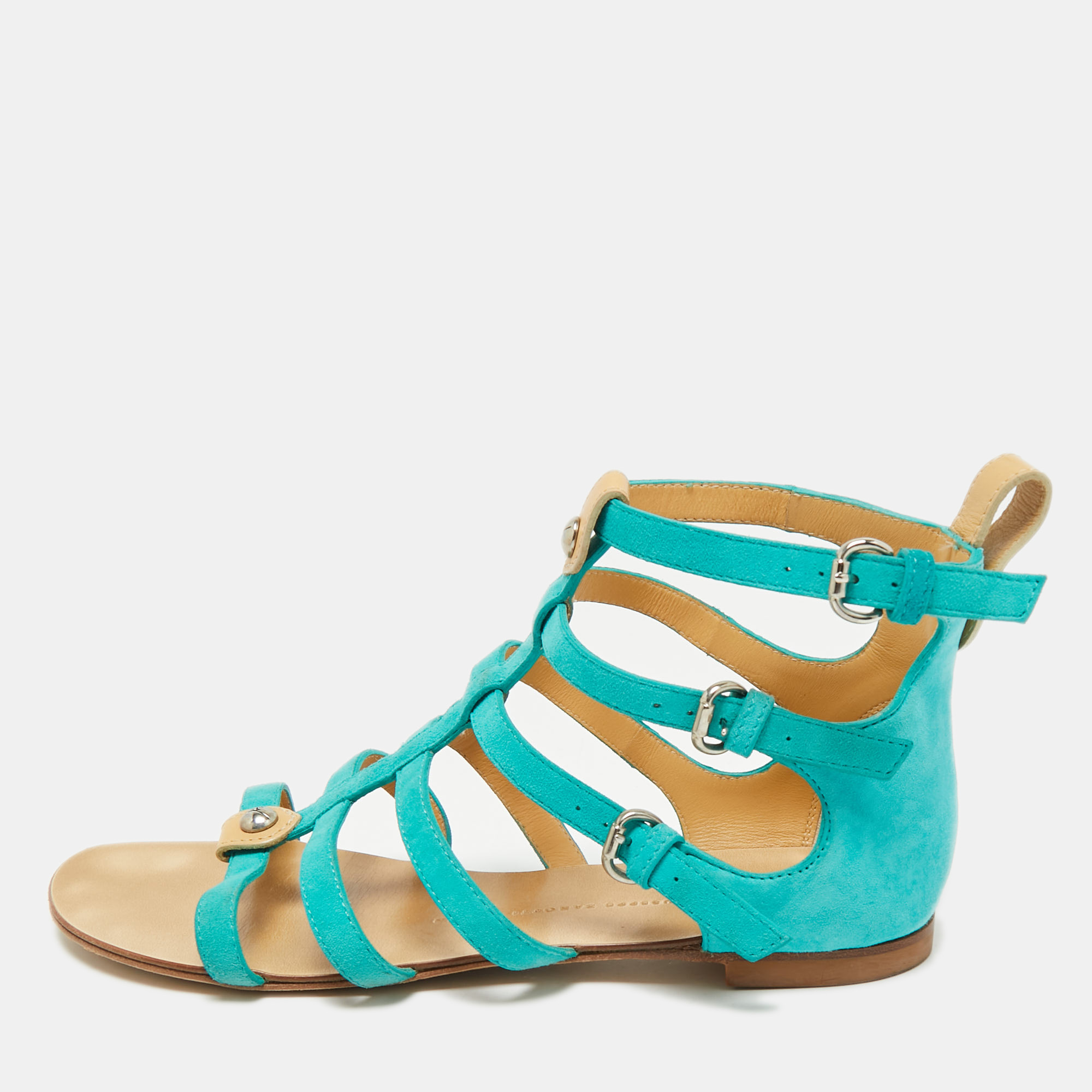 

Giuseppe Zanotti Blue Suede Strappy Flat Sandals Size