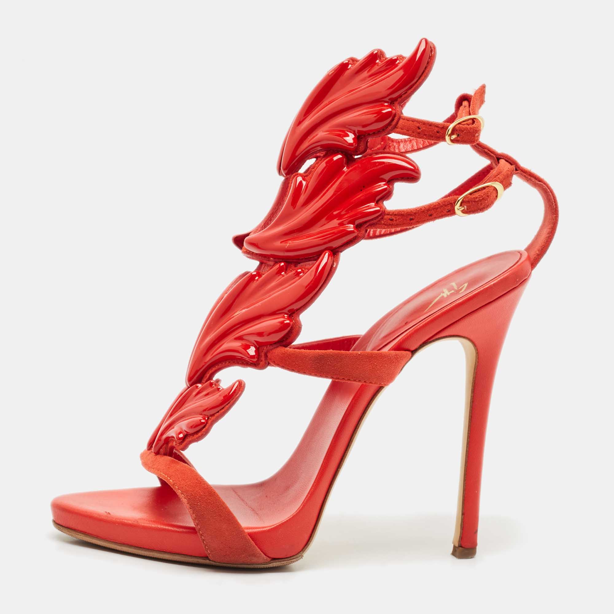 

Giuseppe Zanotti Red Suede Cruel Wing Ankle Strap Sandals Size