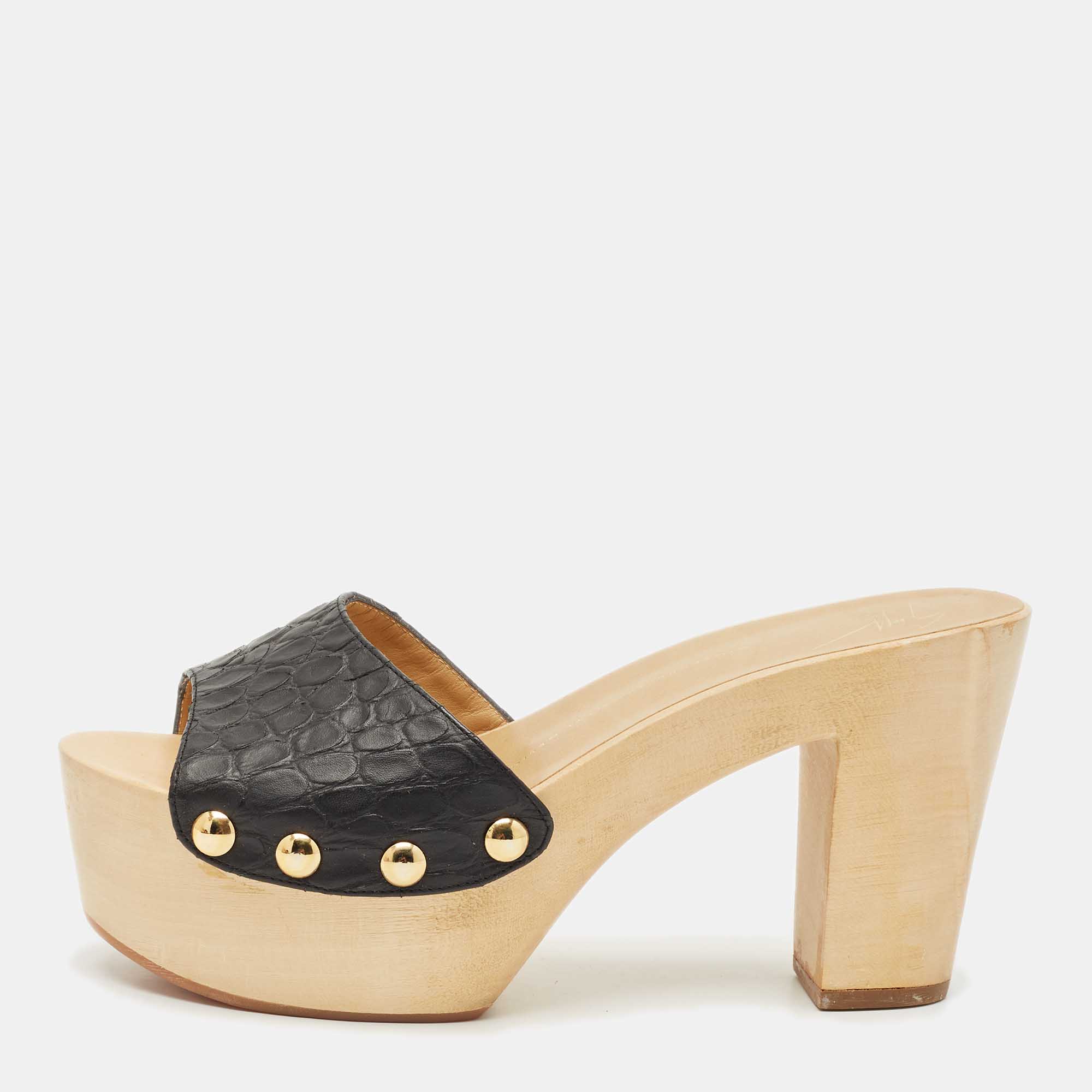 Pre-owned Giuseppe Zanotti Black Croc Embossed Leather Platform Clogs Size 38