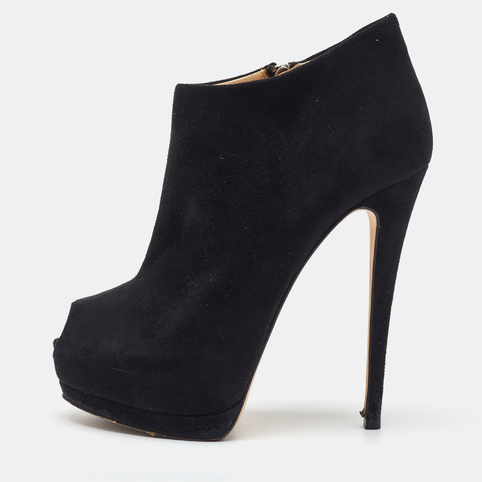 Pre-owned Giuseppe Zanotti Black Suede Peep Toe Platform Ankle Booties Size 38