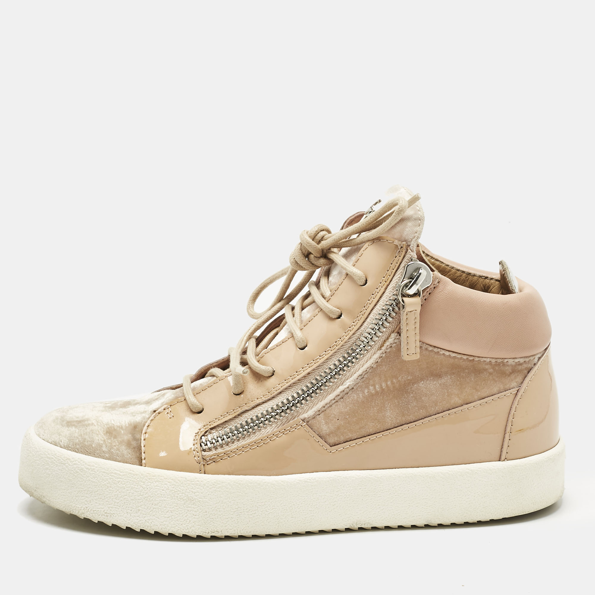 Pre-owned Giuseppe Zanotti Beige Velvet And Patent Frankie High Top Sneakers Size 39 In Sand