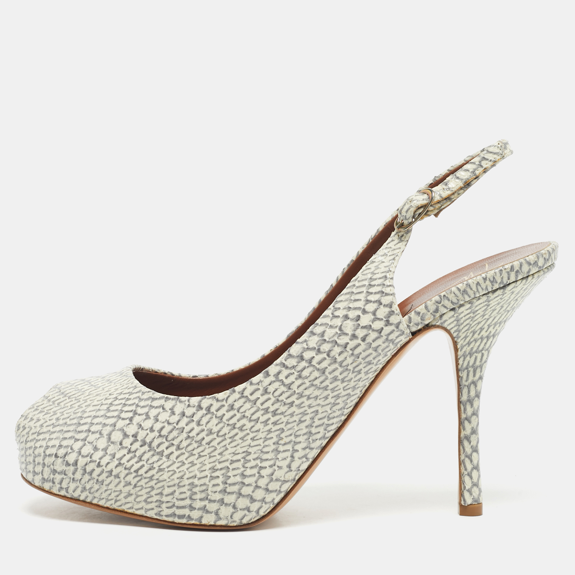 Pre-owned Giuseppe Zanotti Grey/white Python Embossed Leather Peep Toe Slingback Pumps Size 41 In Gray