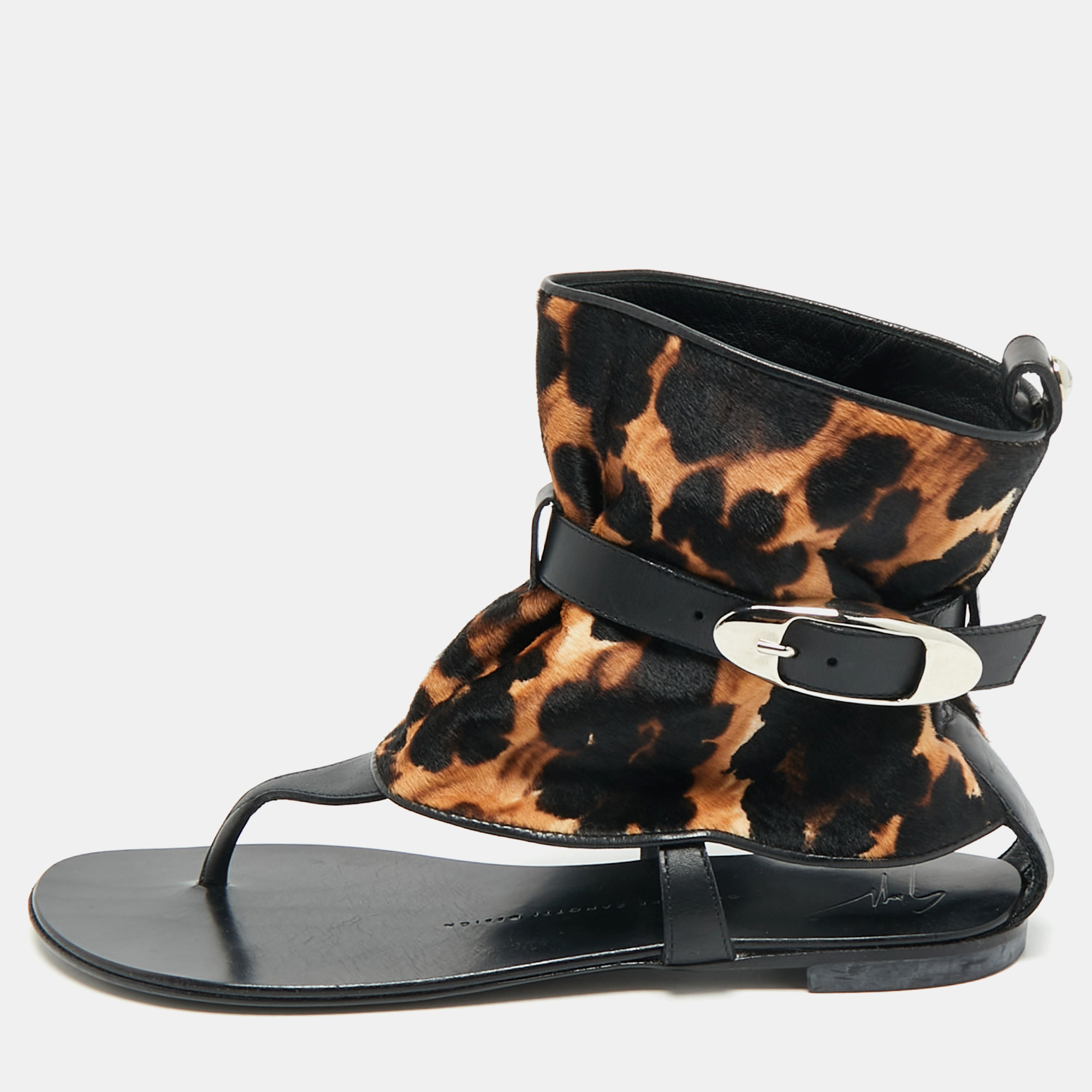 

Giuseppe Zanotti Black/Brown Leather and Leopard Print Hair On Buckle Detail Flat Sandals Size