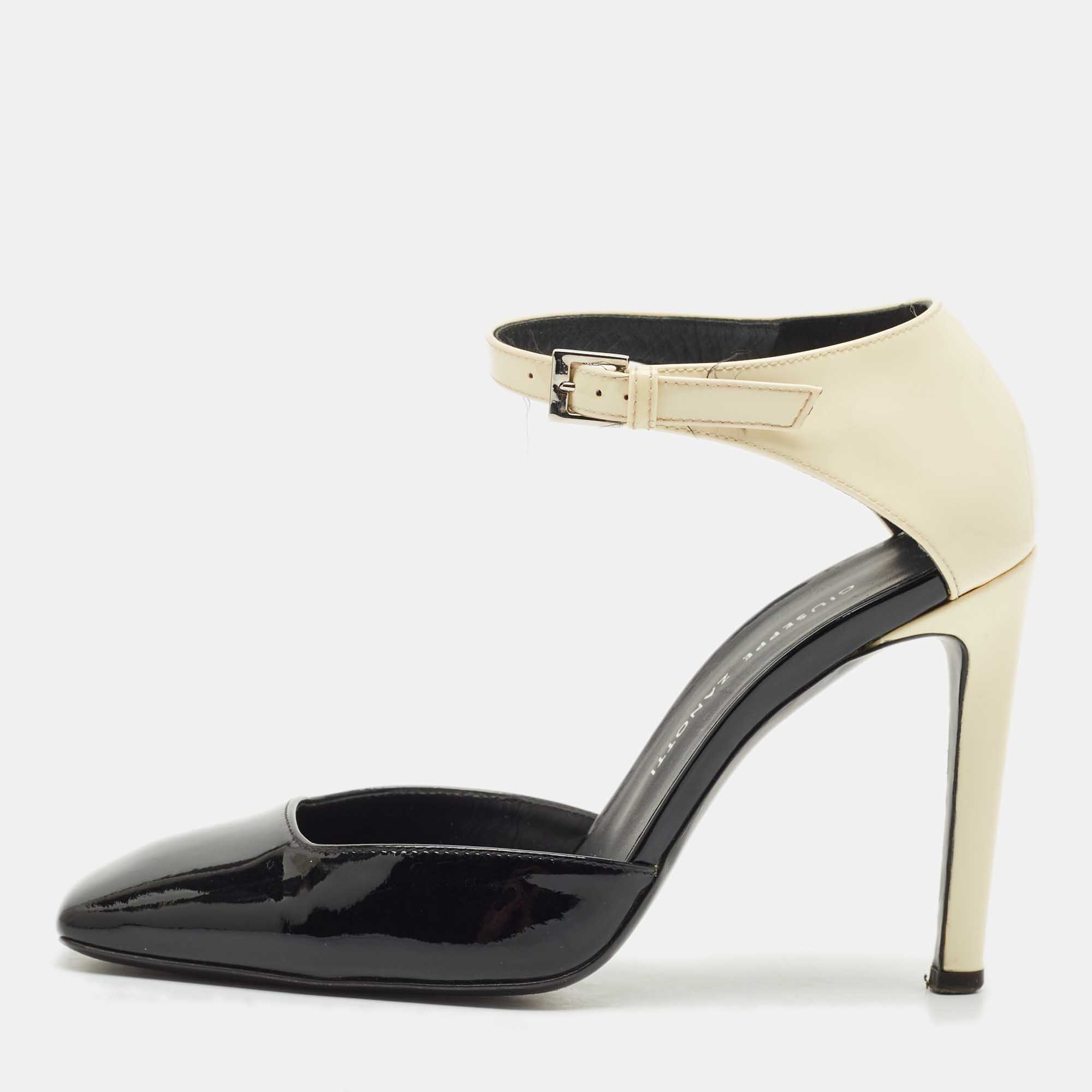 Pre-owned Giuseppe Zanotti Black/cream Patent Leather Leandra Ankle Strap Pumps Size 34 In White