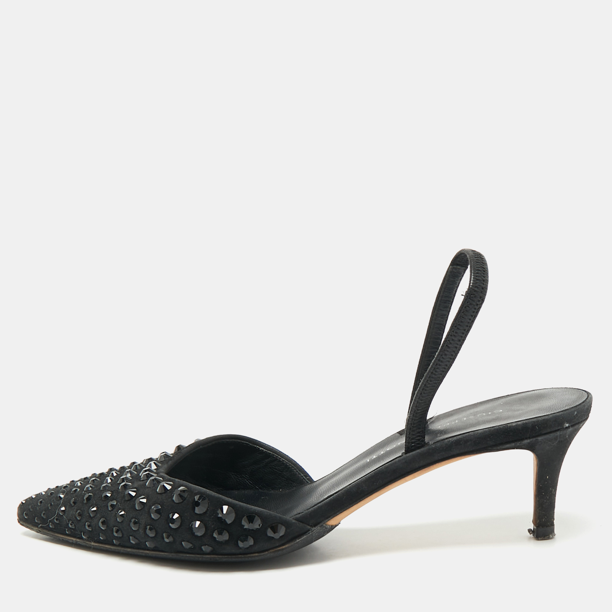 

Giuseppe Zanotti Black Satin Crystal Embellished Slingback Pumps Size