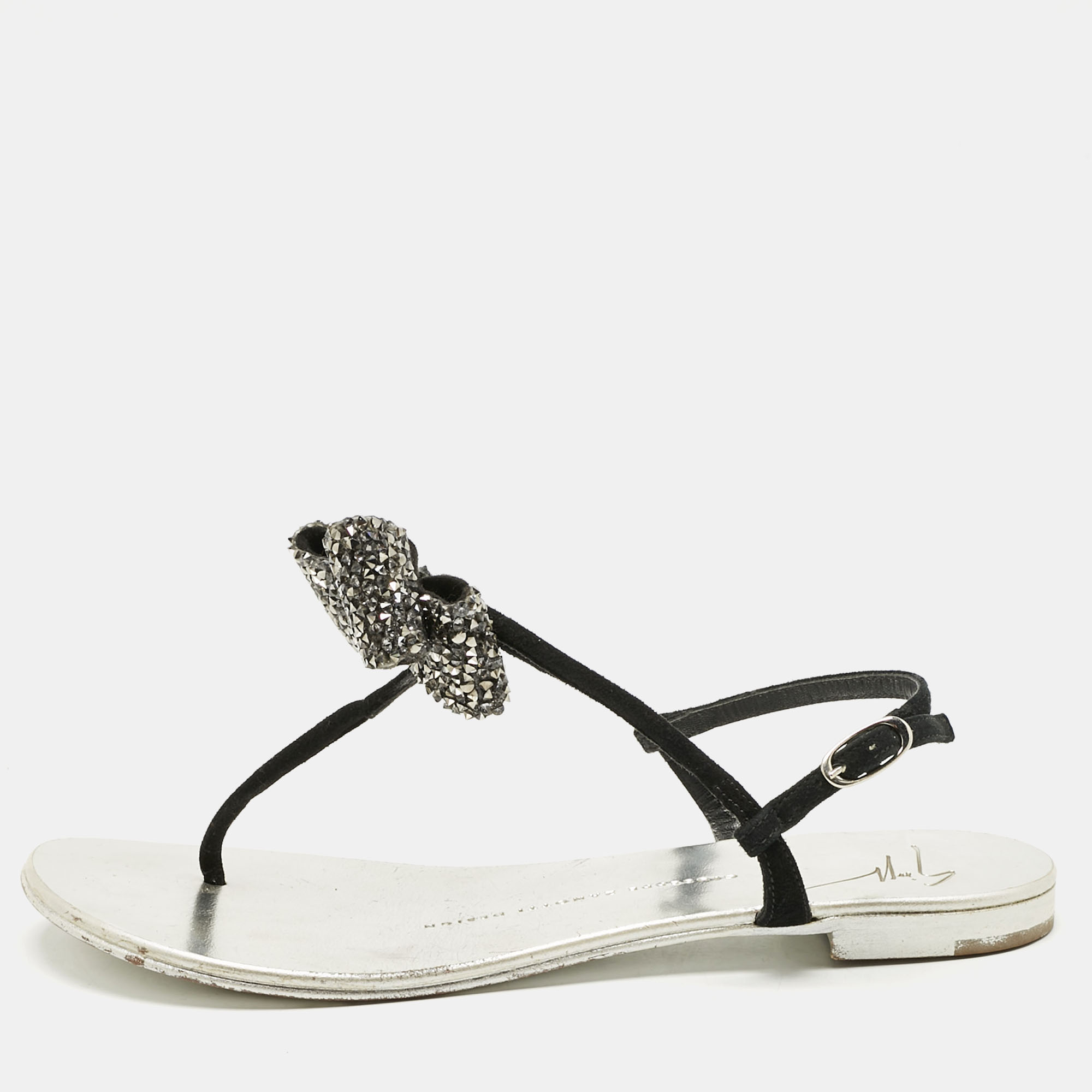 

Giuseppe Zanotti Black Suede Crystal Bow Thong Flat Sandals Size