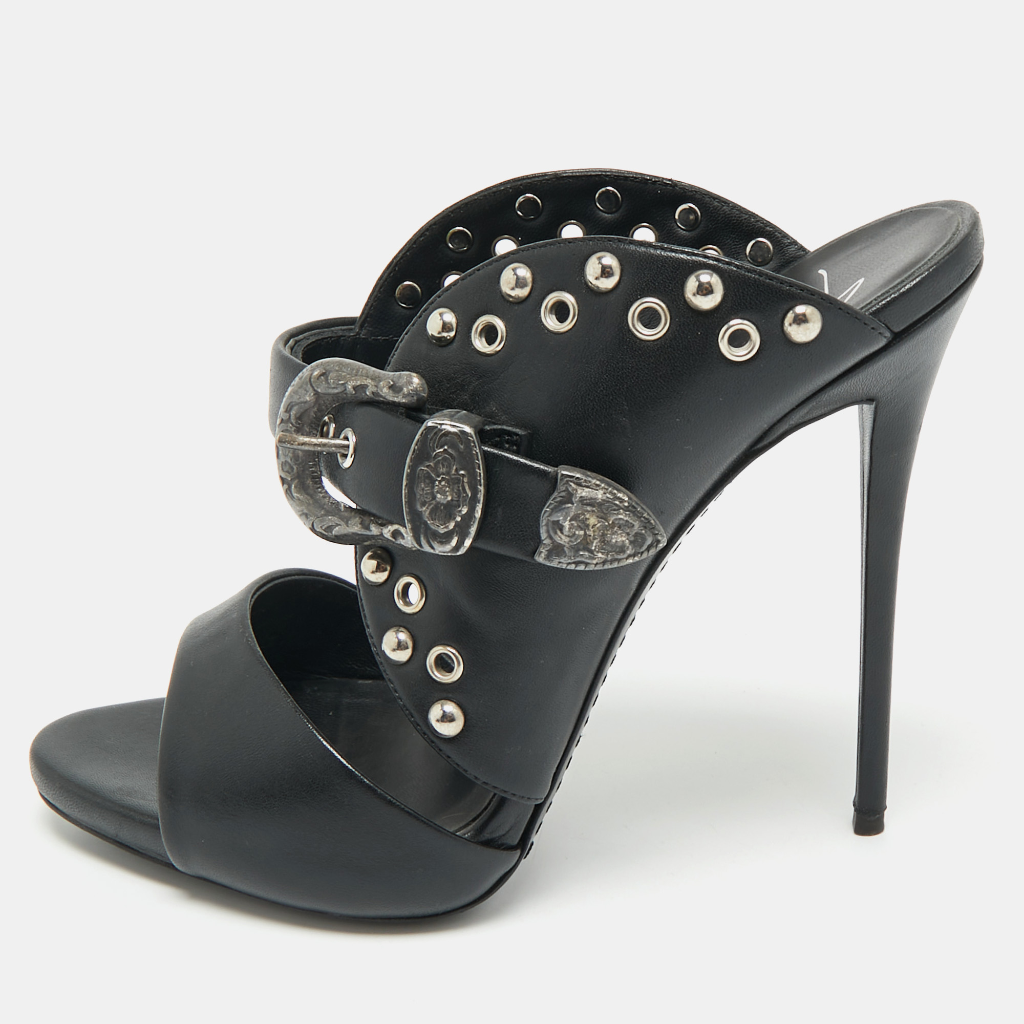 Pre-owned Giuseppe Zanotti Black Leather Studded Buckle Slide Sandals Size 38