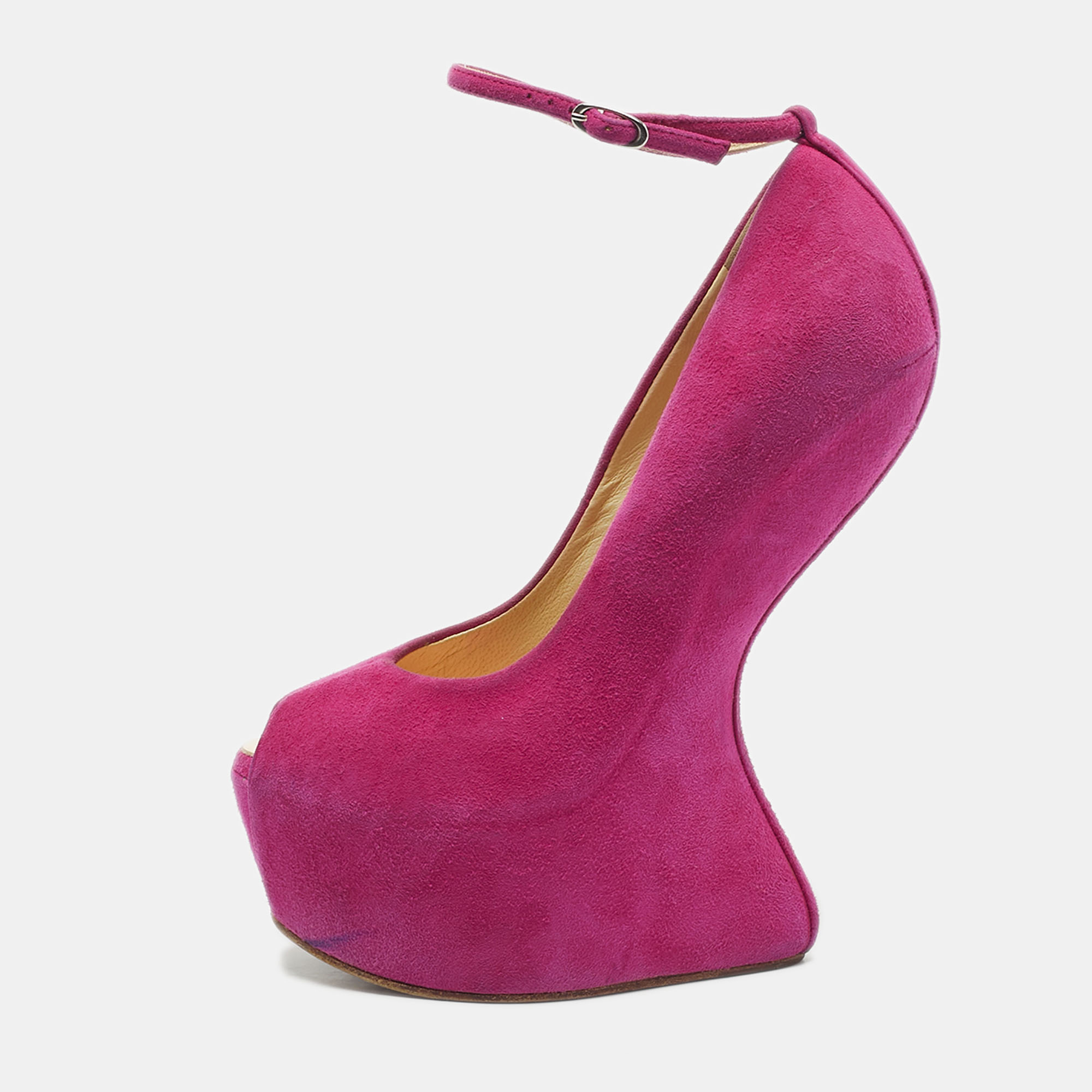 Pre-owned Giuseppe Zanotti Pink Suede Curve Jem Peep Toe Platform Pumps Size 35