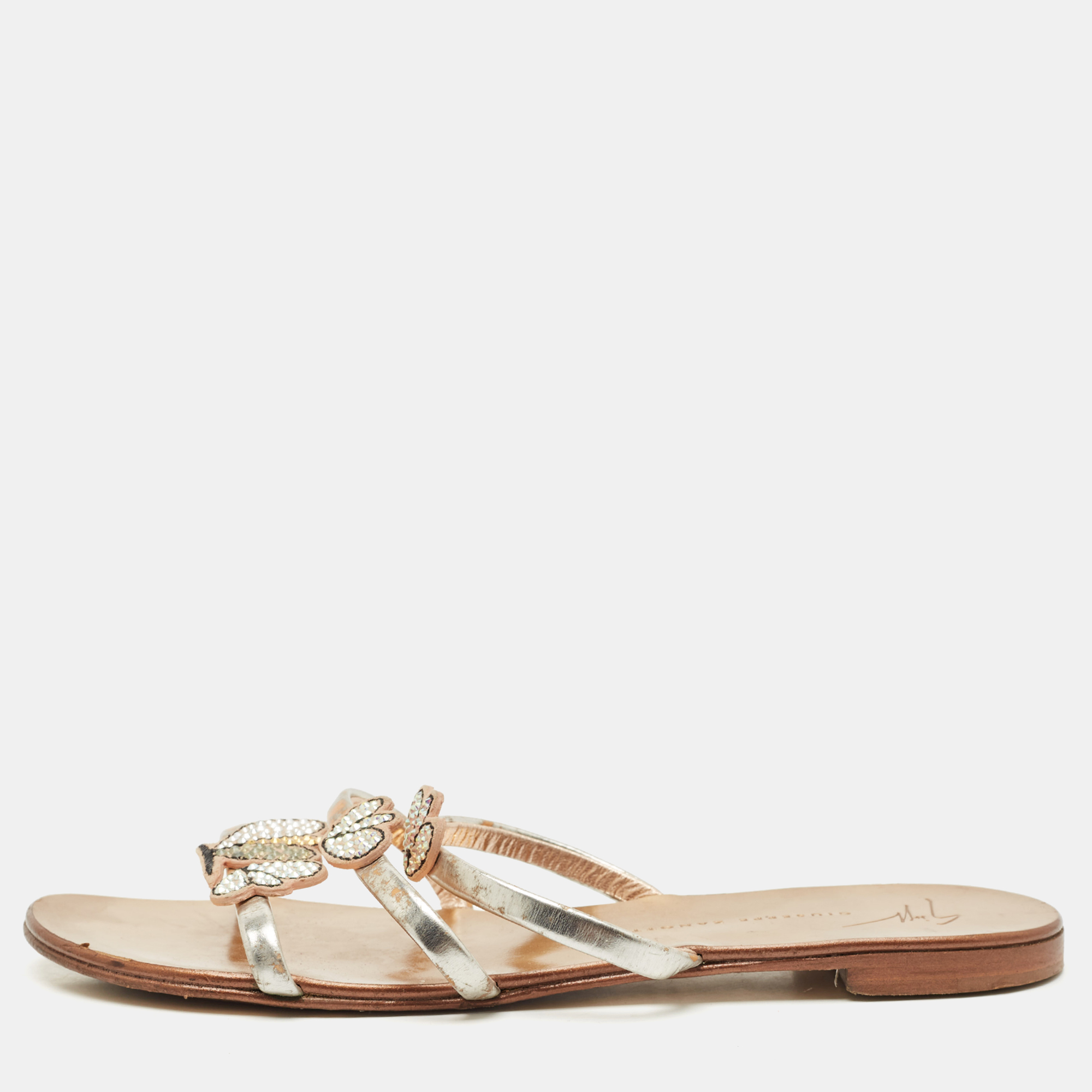 Pre-owned Giuseppe Zanotti Silver Leather Crystal Embellished Flat Slides Size 37