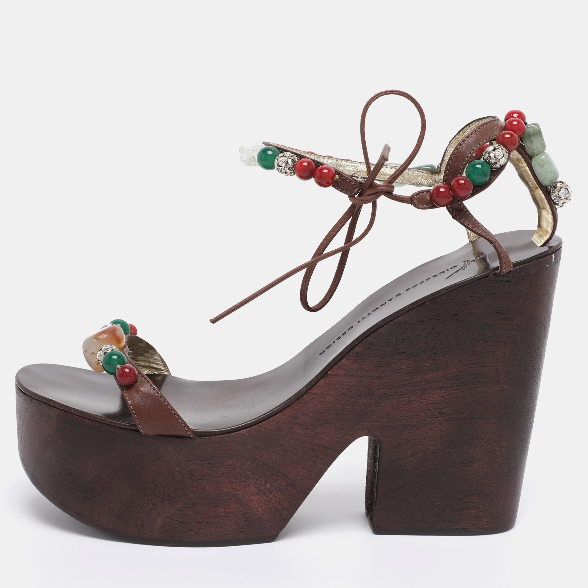 Pre-owned Giuseppe Zanotti Brown Leather Beads And Stone Embellished Wedge Sandals Size 38