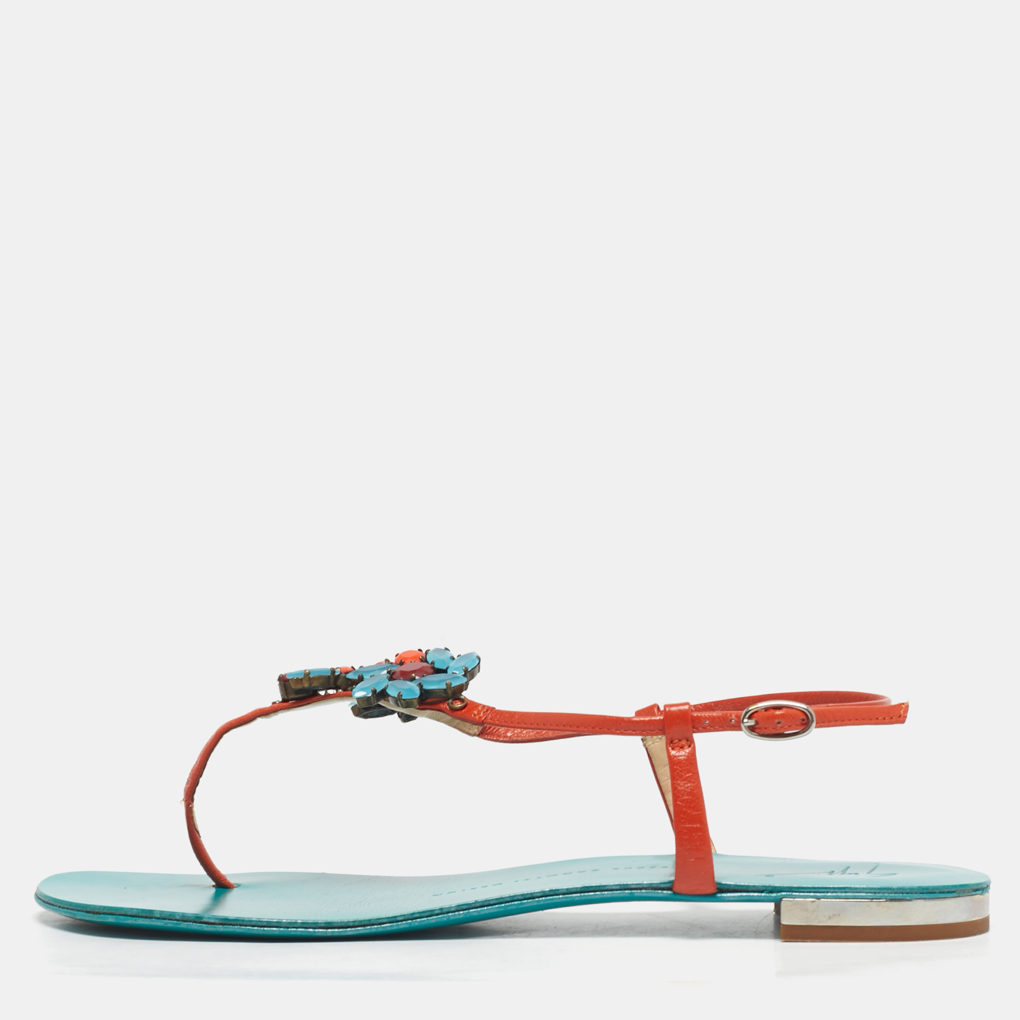 Giuseppe Zanotti Orange Leather Crystal Embellished Slingback Sandals Size 39