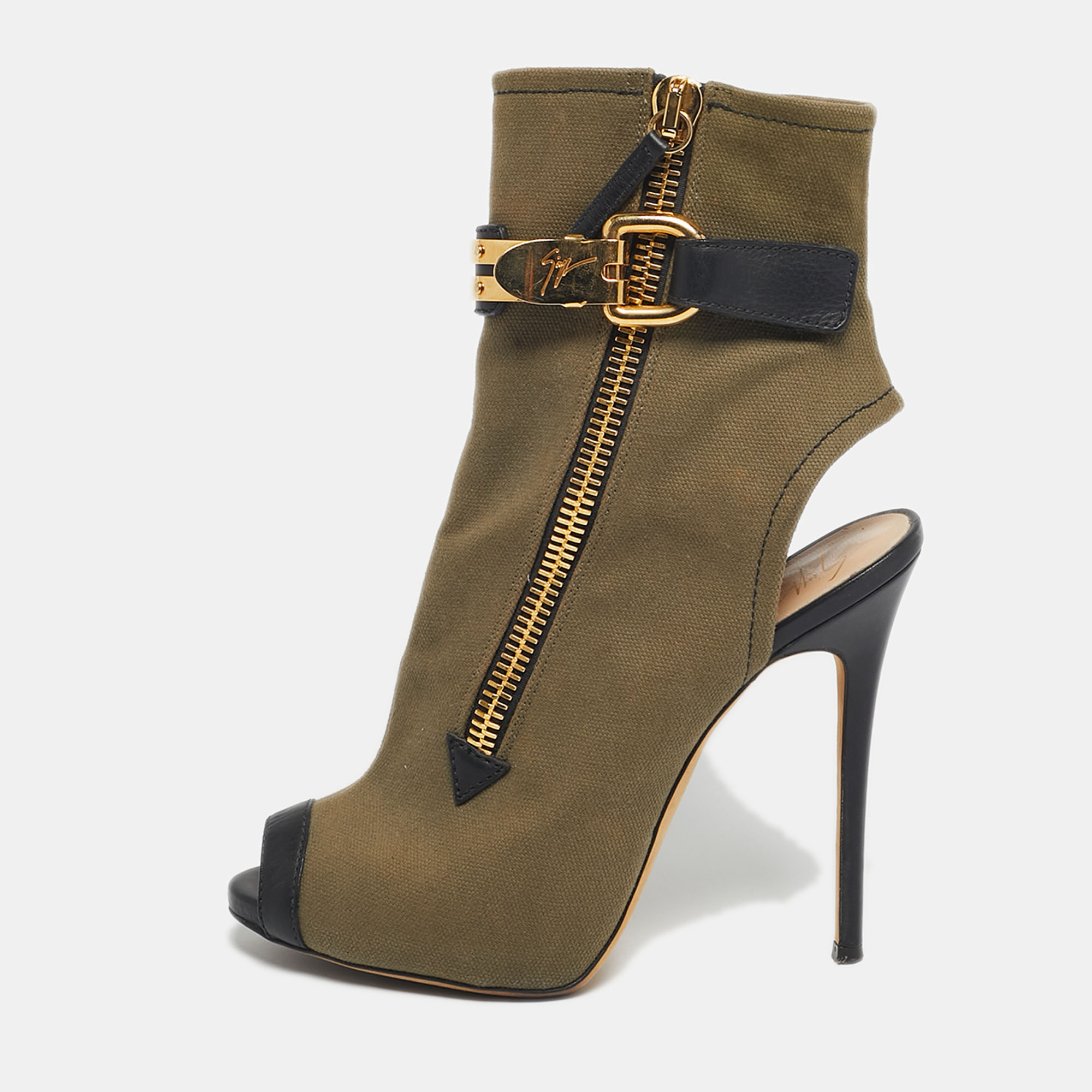 

Giuseppe Zanotti Green Canvas Roxie Peep Toe Cut Out Ankle Boots Size