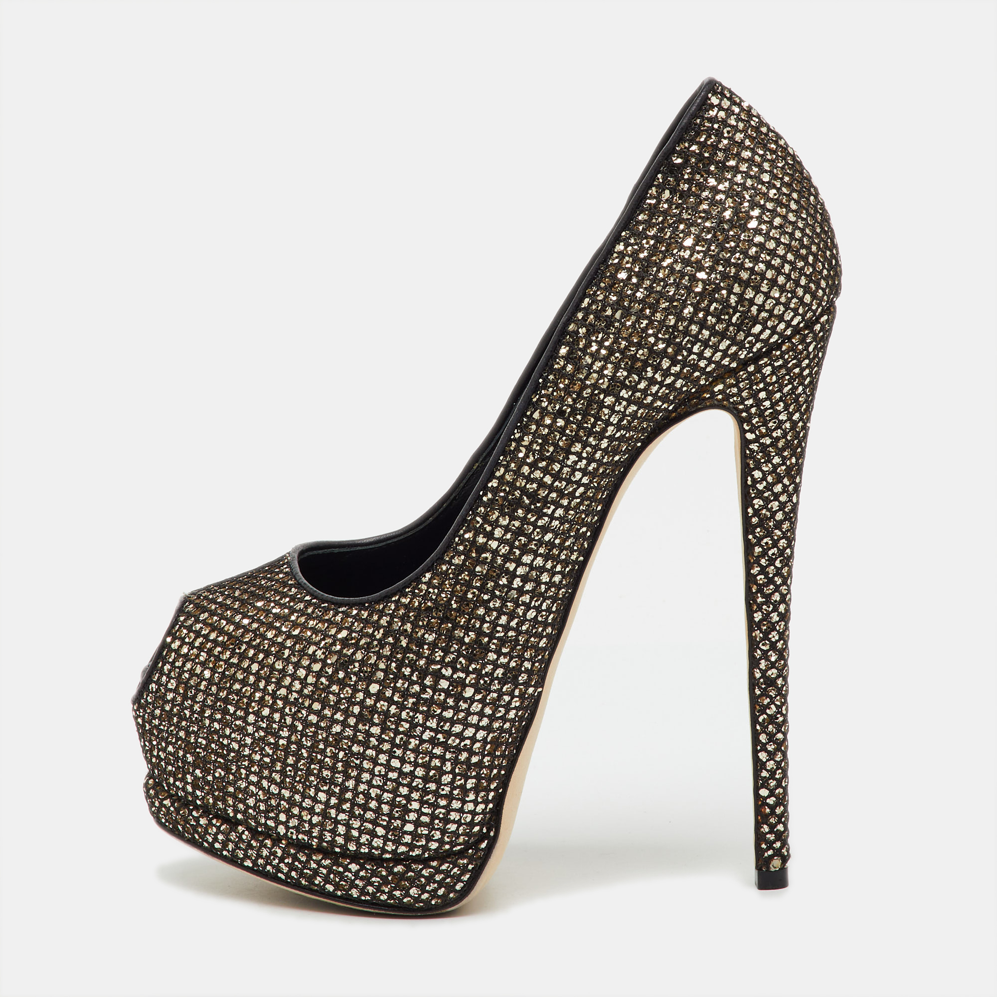 

Giuseppe Zanotti Gold/Black Glitter and Mesh Sharon Platform Peep Toe Pumps Size