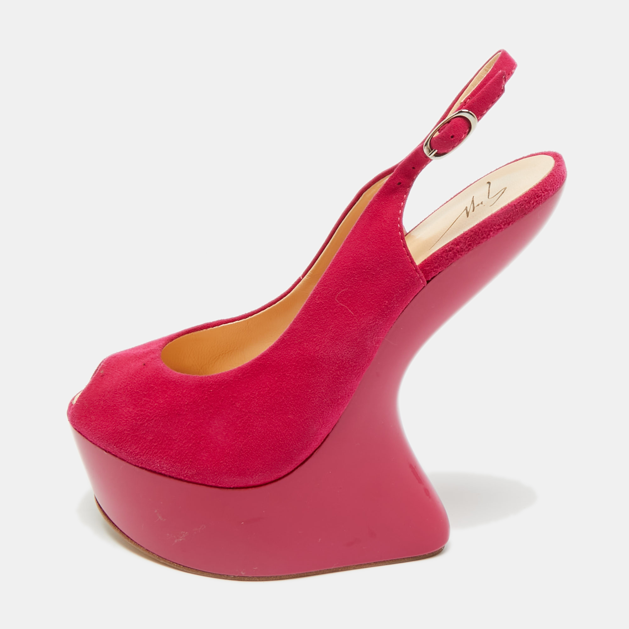 

Giuseppe Zanotti Pink Suede Peep Toe Heel Less Platform Ankle Strap Pumps Size